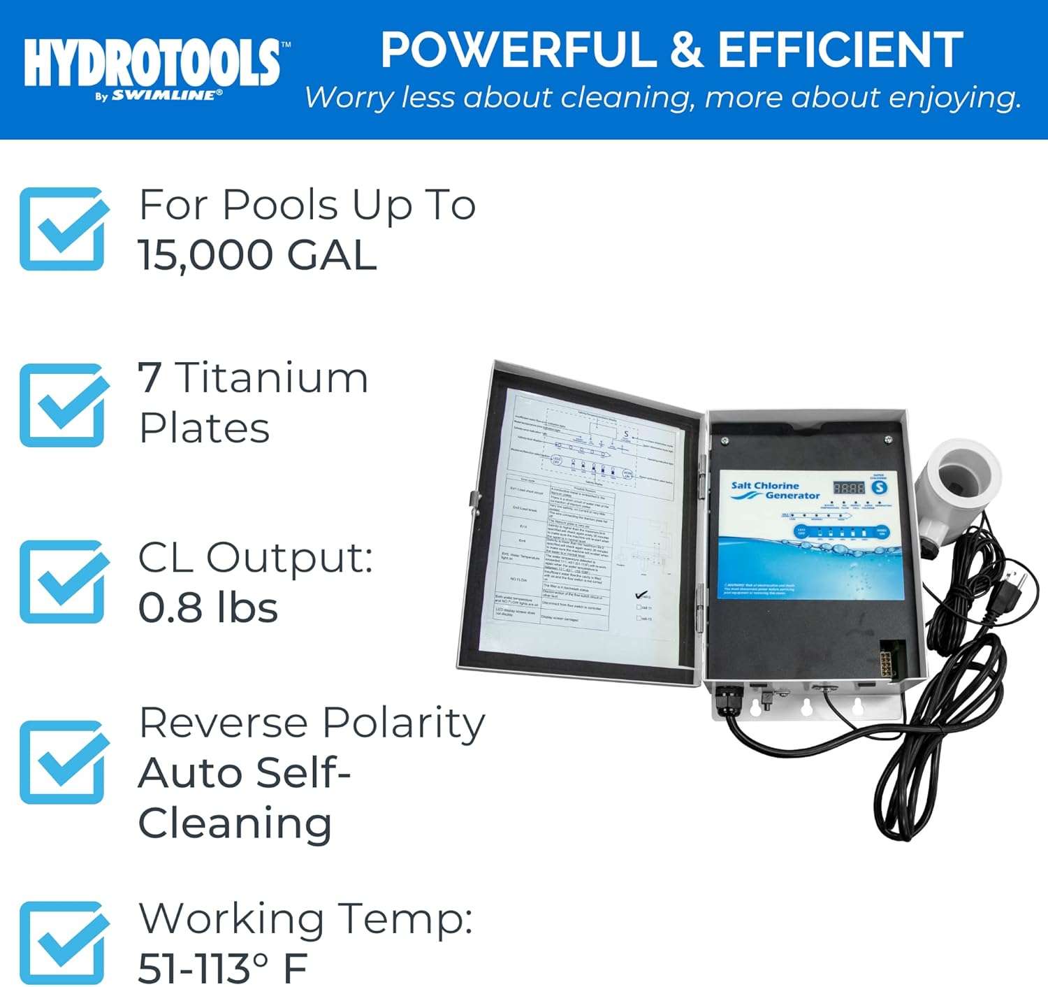 SWIMLINE HYDROTOOLS 87615 Salt Water Chlorine Generator System For Pools Up To 15K Gallons, 7 Titanium Plates 0.8 Lbs CL Output, Universal Compatibility Easy Install - 3