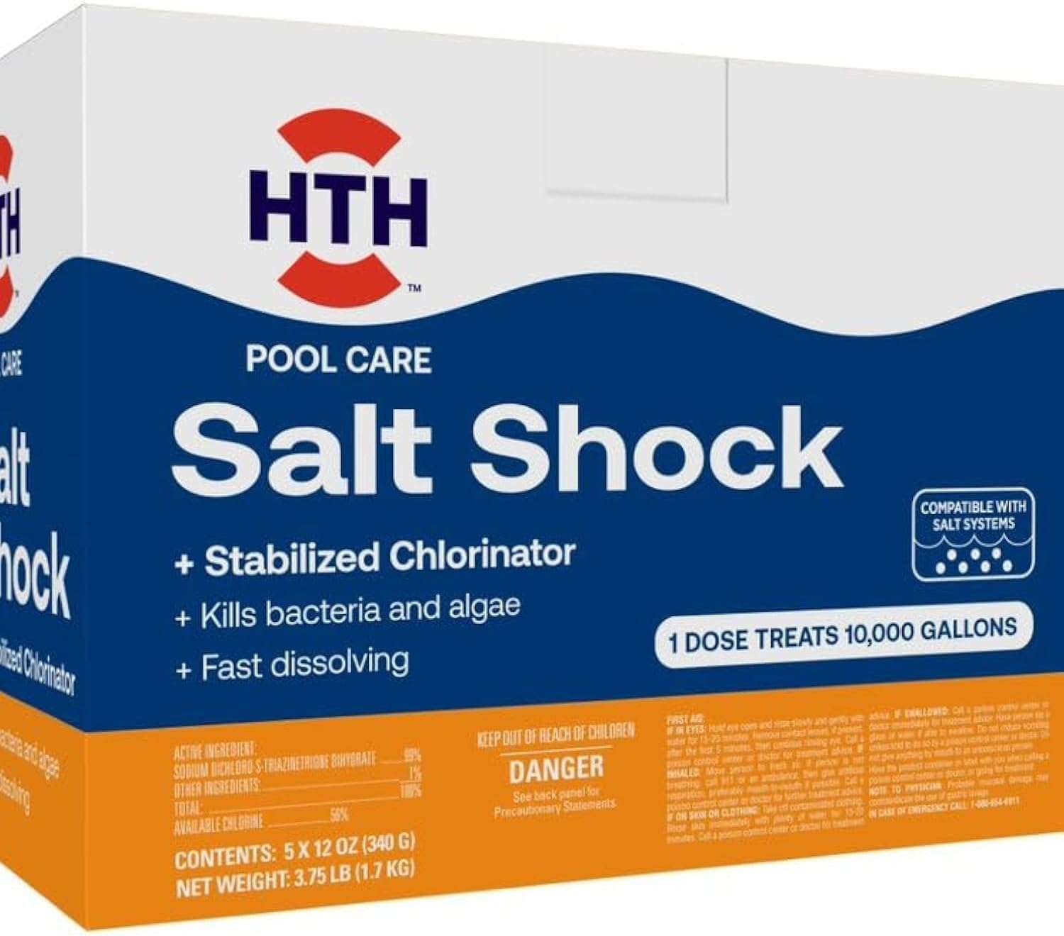 HTH 52047 Swimming Pool Care Salt Shock, Stabilized Chlorinator, 1 dose Treats 10000 gallons, 5x12oz Packets - 1