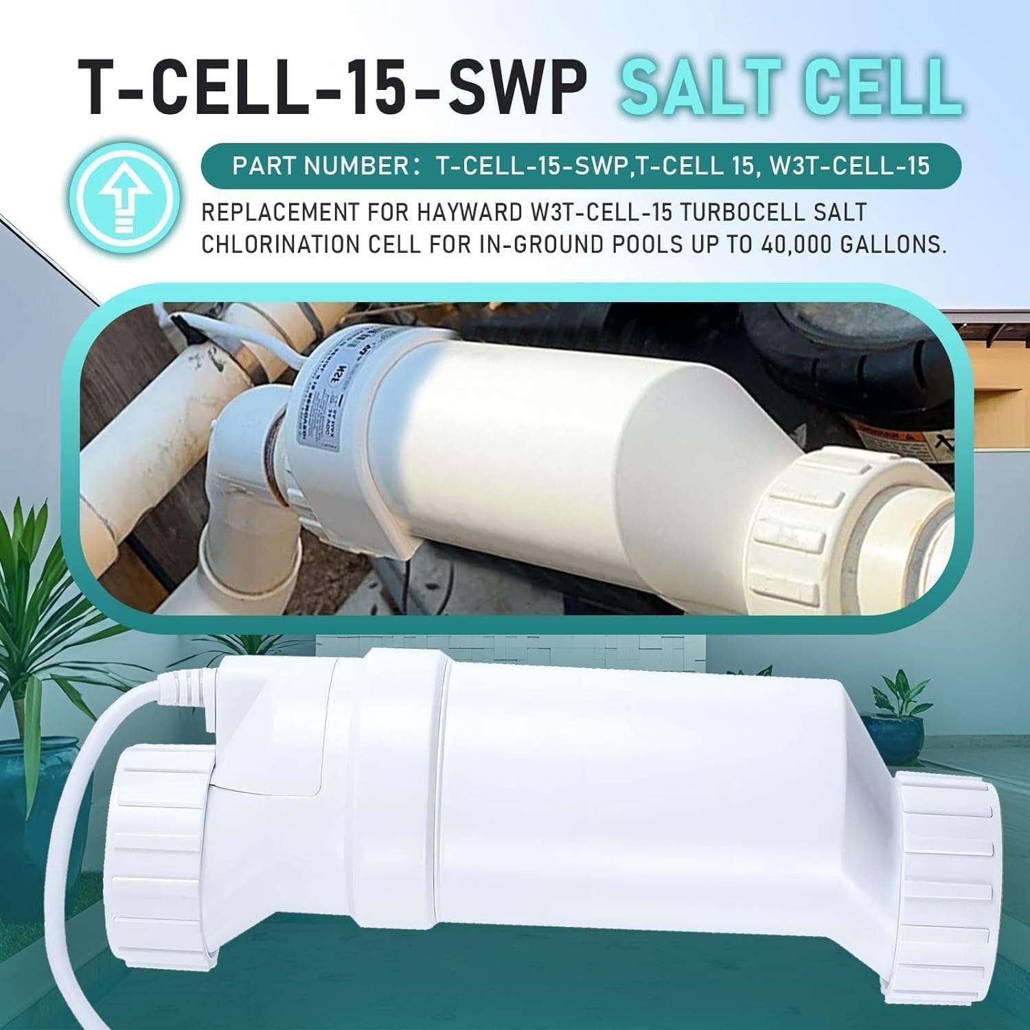 Salt Water Pool chlorinator System Fit for Hayward Turbo Cell T-15 Cell T 15 W3T-CELL-15 BLT15H Replacement Salt Generator for Inground Pools 40000 Gallon 3 Year Warranty - 6
