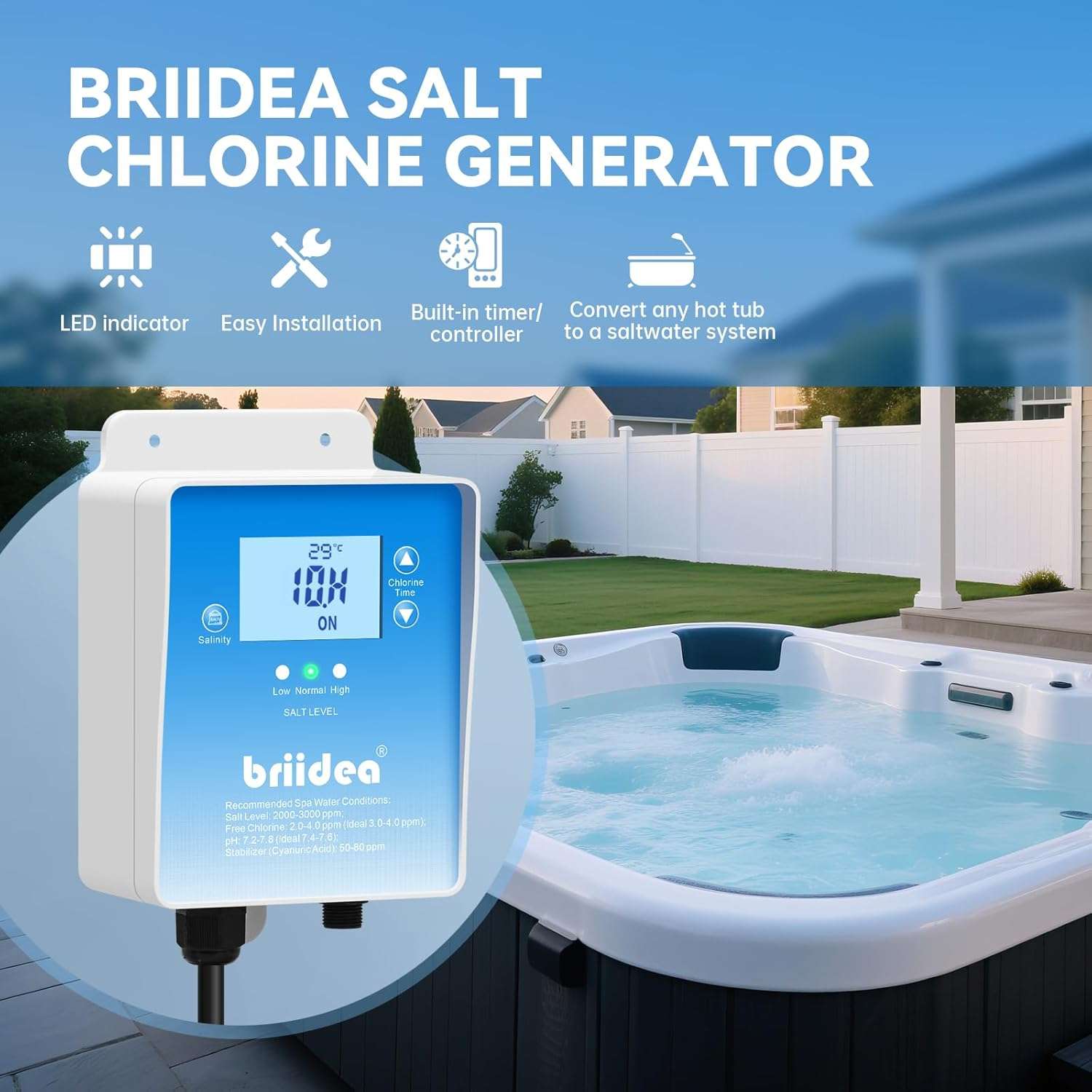 Salt Chlorine Generator, Briidea Chlorine Generator with USA Titanium Salt Cell, Designed for Hot Tubs & Swim Spas, Up to 2000 Gallons, Chemical-Free - 2