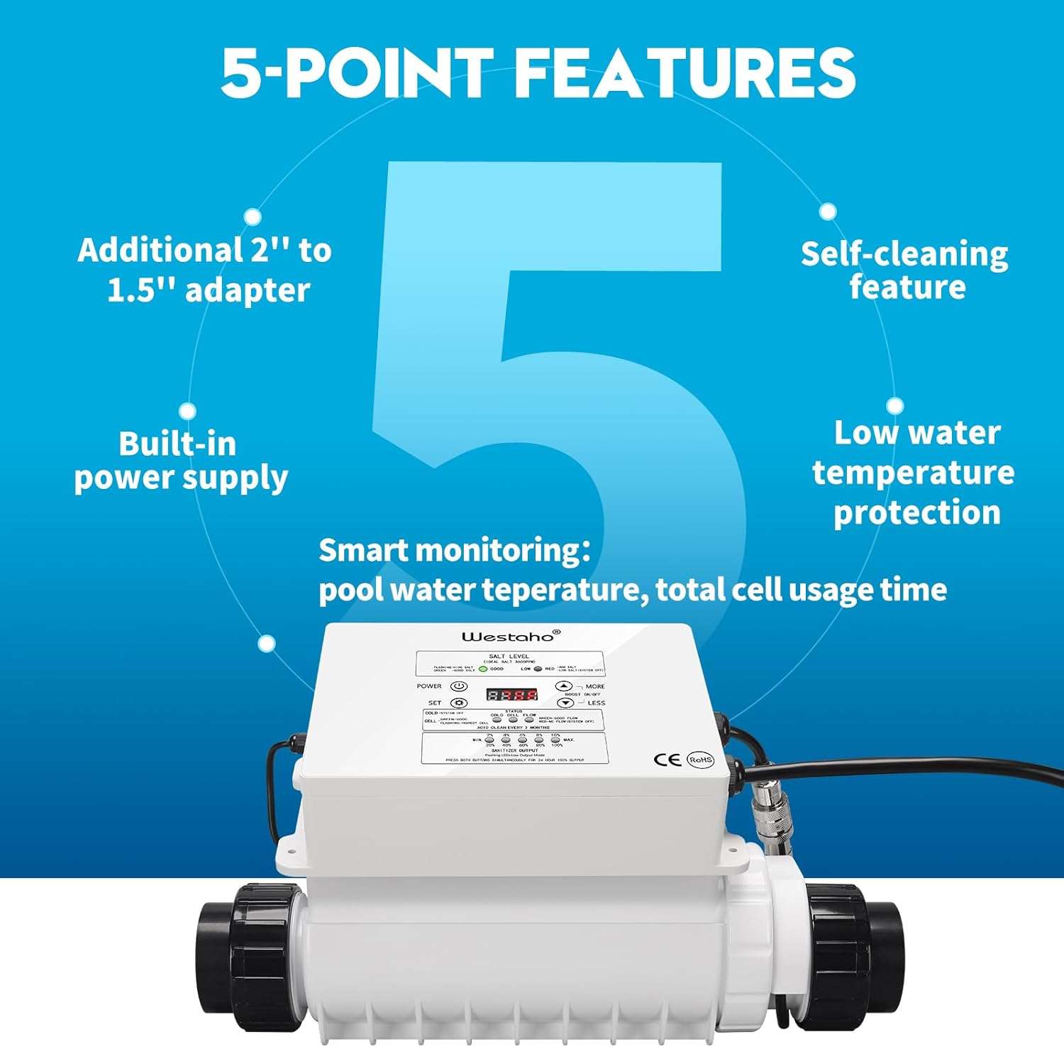 Salt Chlorine Generator, Westaho Pool Salt System for Inground Pools up to 40,000 Gallons, USA Titanium Cell, Built-in Power Supply, 1.4 lb CL Output - 5