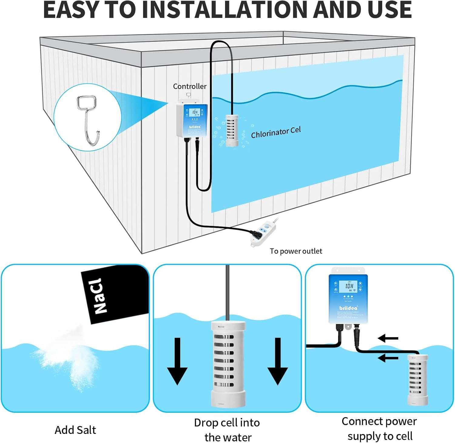 WiFi Salt Chlorine Generator, Briidea Chlorine Generator with USA Titanium Salt Cell, APP Monitoring & Real-Time Salt Alerts, for Swim Spas Up to 2,000 Gallons - 4