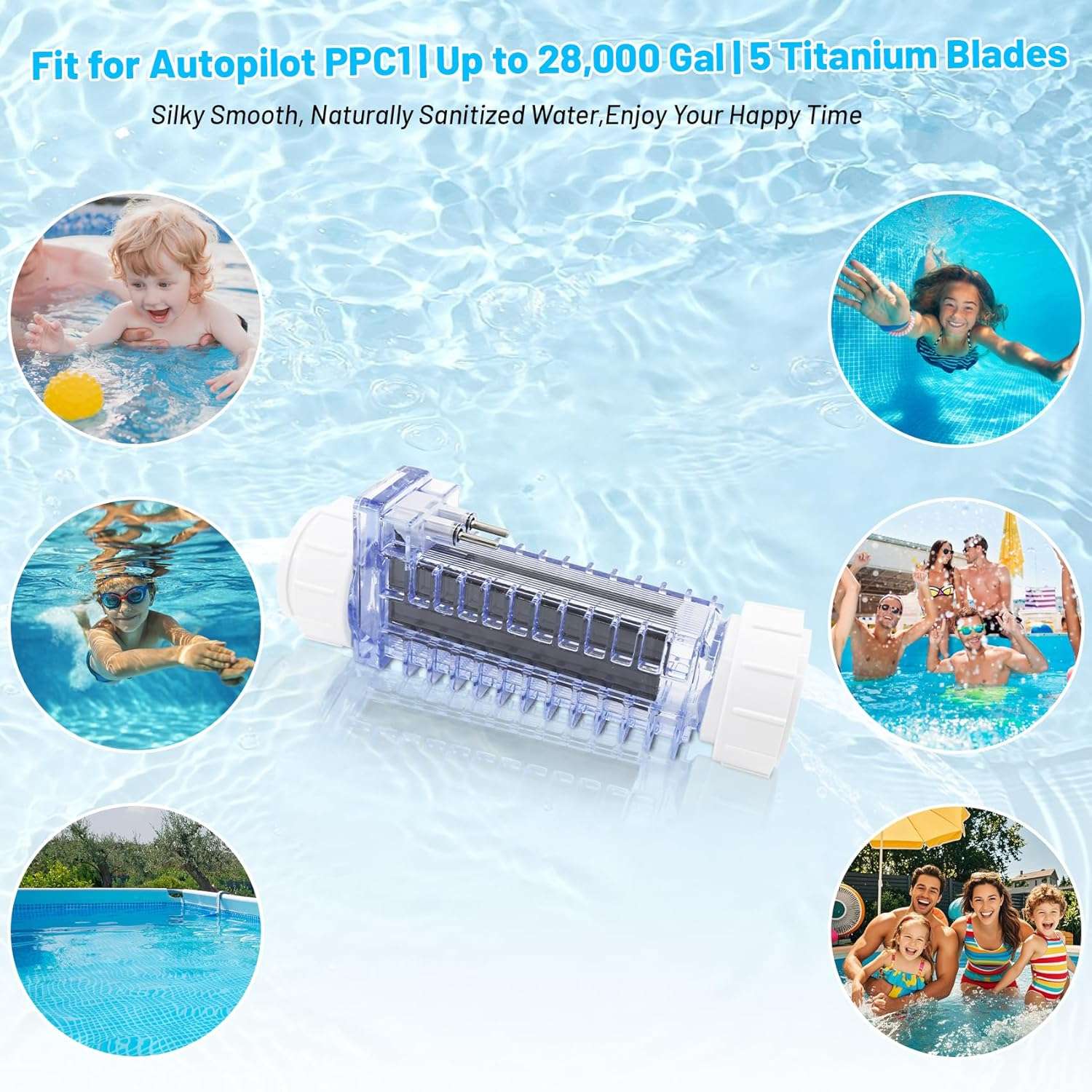 PPC1 Salt Chlorine Generator Cell with Unions Fit for Autopilot Pool Pilot Digital System – Replacement Cell RC-35-22 RC-5 SC-36 AP-150,Up to 28,000 Gallons,5 Titanium Blades - 6