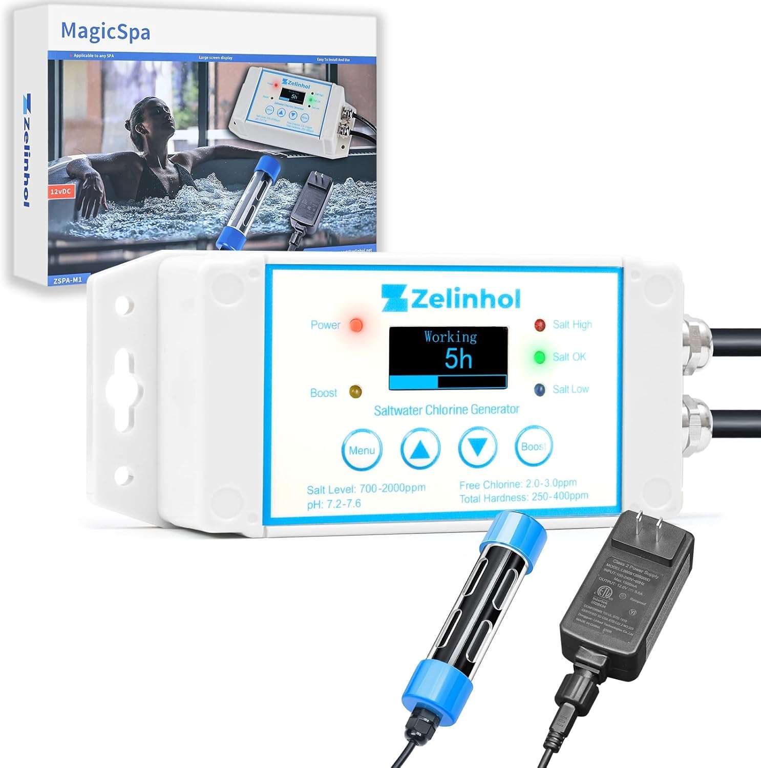 Salt Chlorine Generator for Hot Tubs & Swim Spas, Titanium Salt Cell with OLED Display & Quick-Change Design, Self-Cleaning System - 1