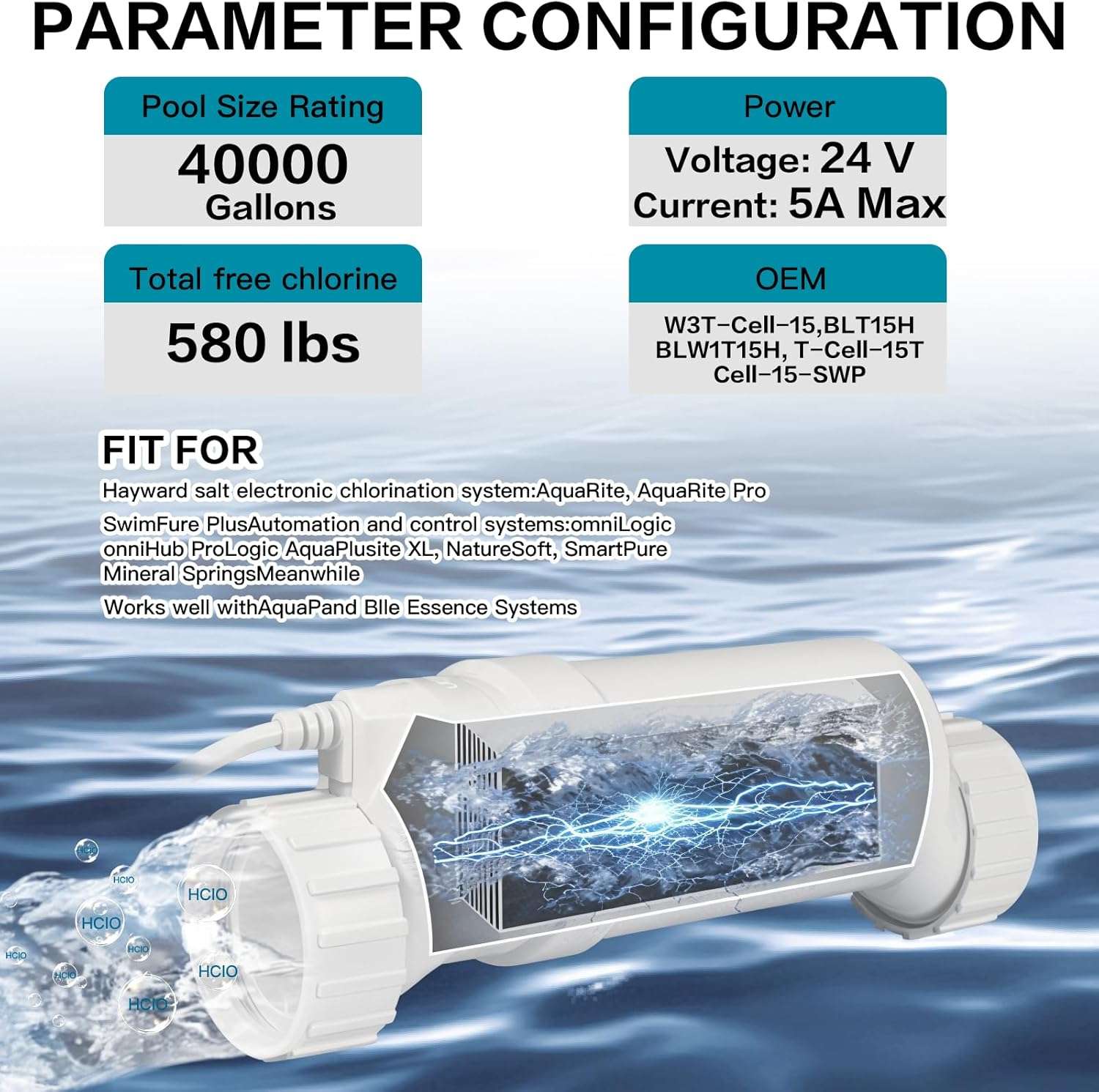 T-Cell-15 Replacement Salt Cell - Compatible with TCELL940, TCEII940, Aqua Rite 40K Gallon System - Inground Pool Chlorine Generator Fits T15, SWPW3T-CELL-15 - 3