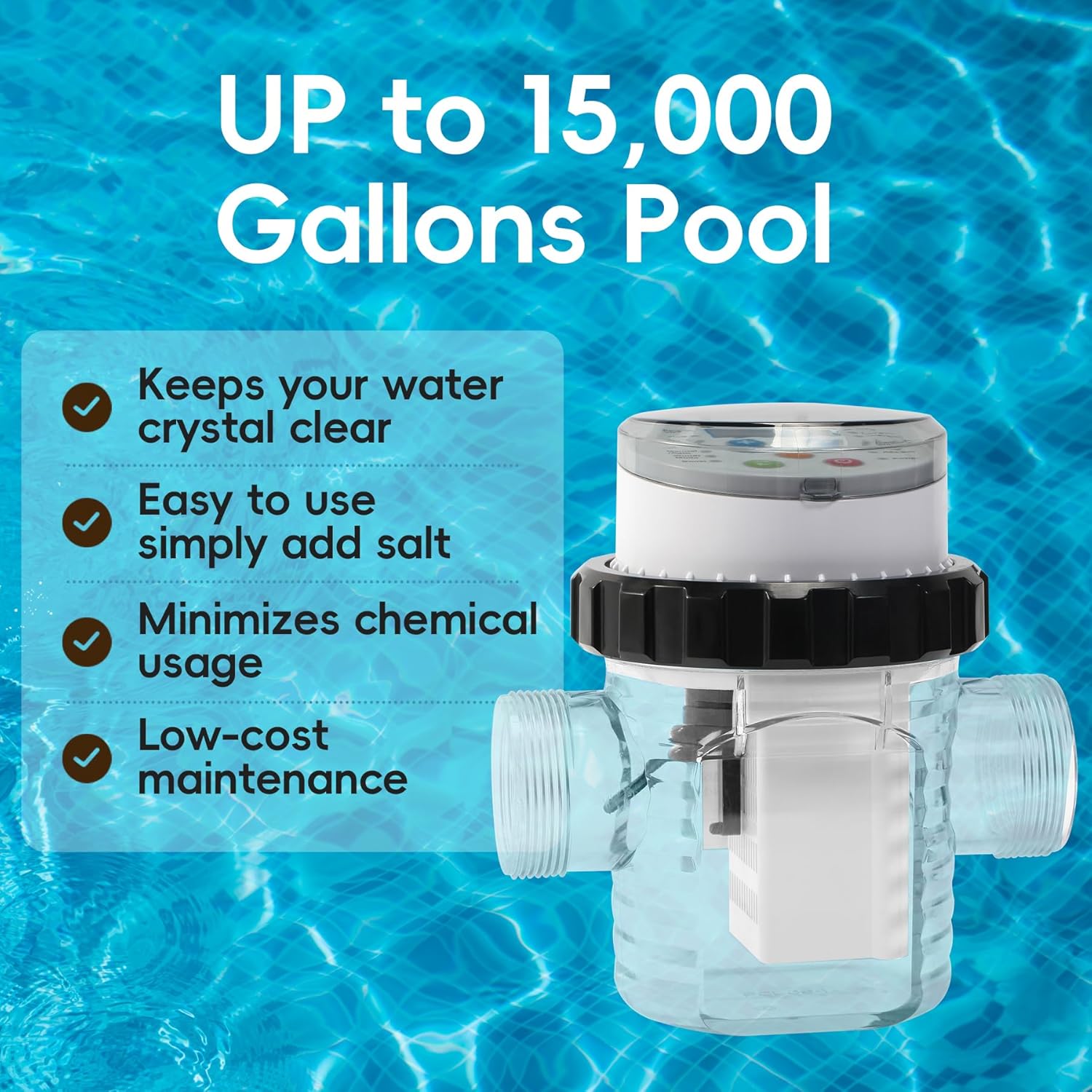 Saltwater Chlorinator for Above Ground Pools, Test Strip Included with Adapter,Salt Water Pool Chlorinator System, Self-Cleaning Saltwater Pool System for Pools up to 15000 Gallons - 2