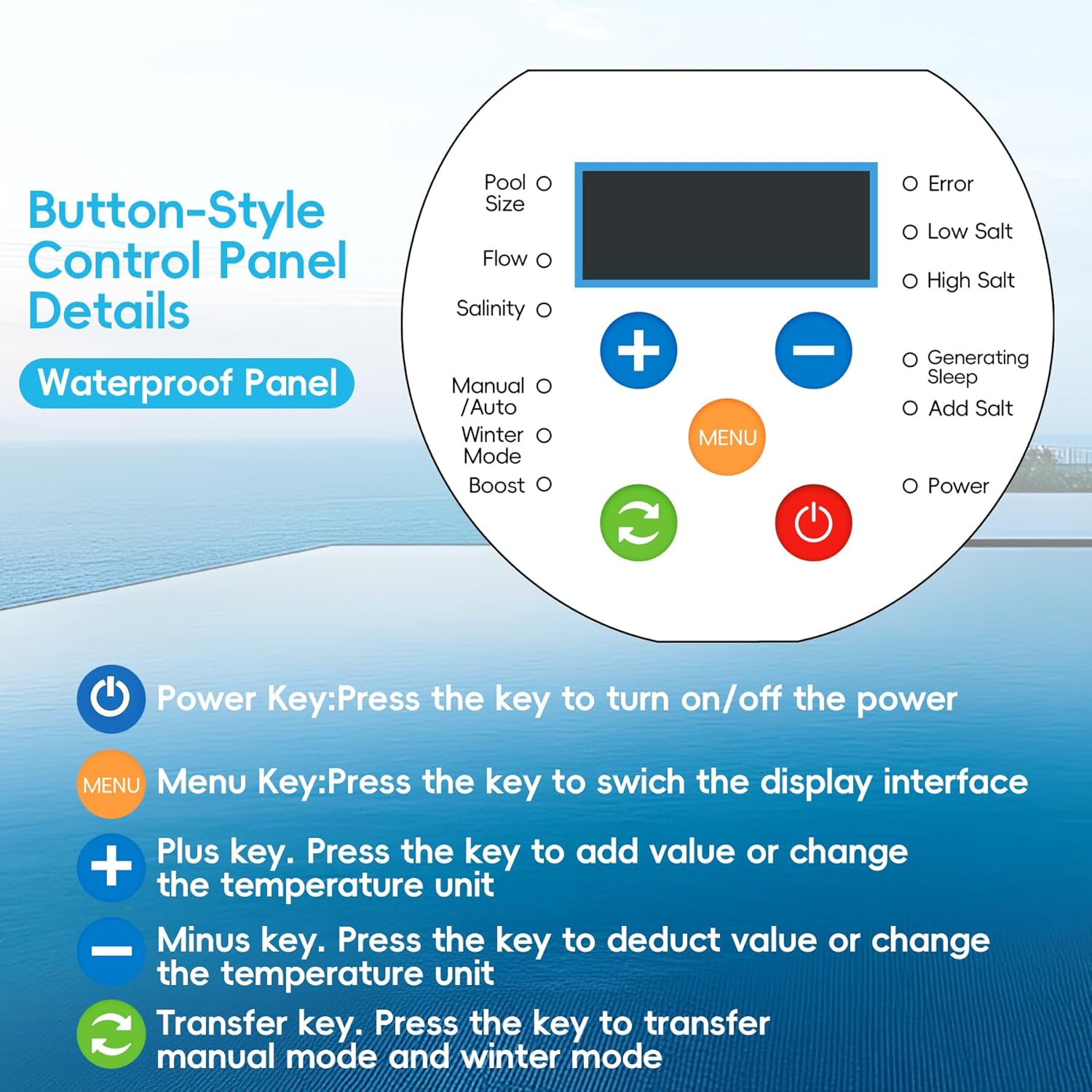 Saltwater Chlorinator for Above Ground Pools, Test Strip Included with Adapter,Salt Water Pool Chlorinator System, Self-Cleaning Saltwater Pool System for Pools up to 15000 Gallons - 5