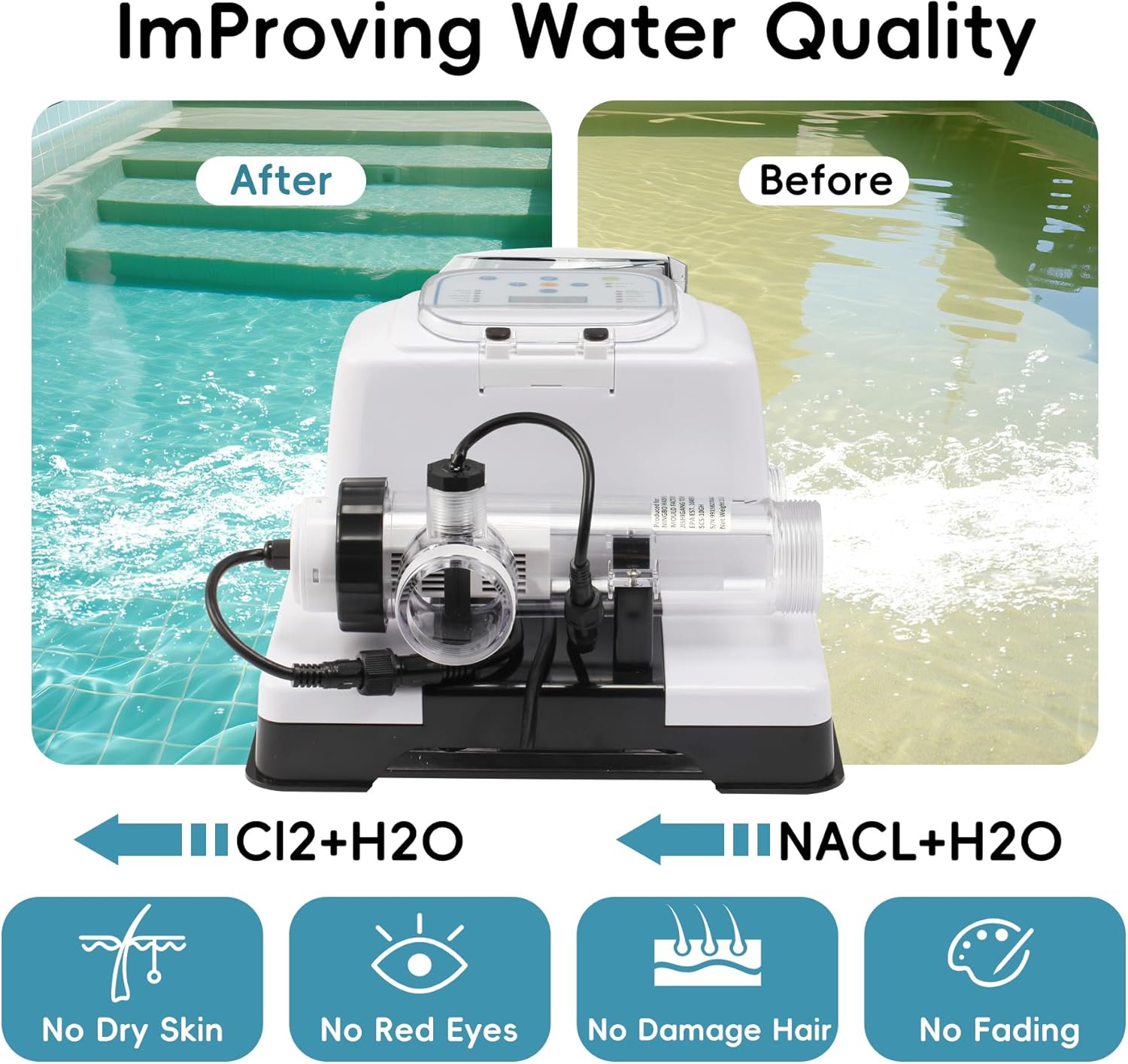 Saltwater Chlorinator for Above Ground Pools, Test Strip Included with Adapter,Salt Water Pool Chlorinator System, Self-Cleaning Saltwater Pool System for Pools up to 20000 Gallons - 3