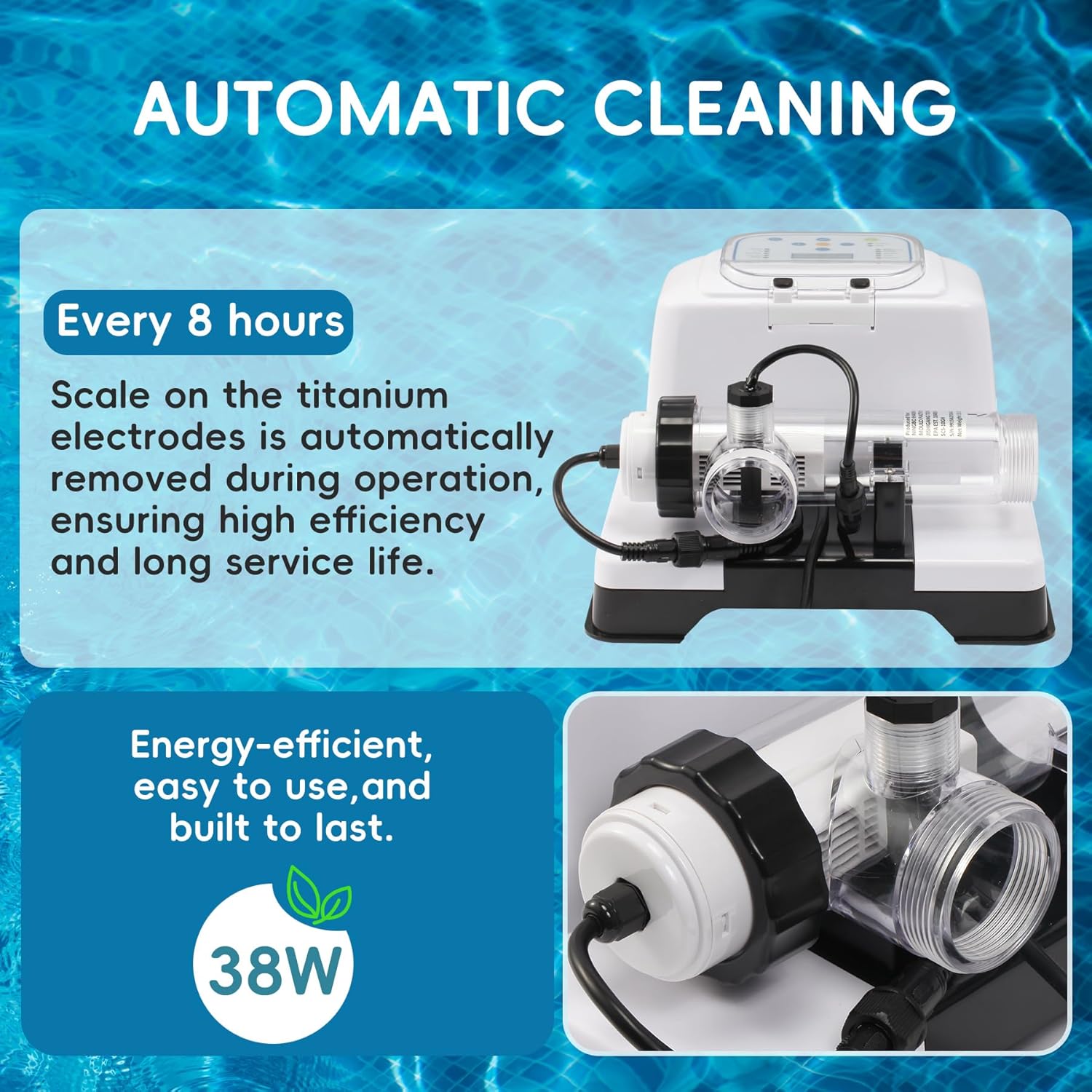 Saltwater Chlorinator for Above Ground Pools, Test Strip Included with Adapter,Salt Water Pool Chlorinator System, Self-Cleaning Saltwater Pool System for Pools up to 20000 Gallons - 4