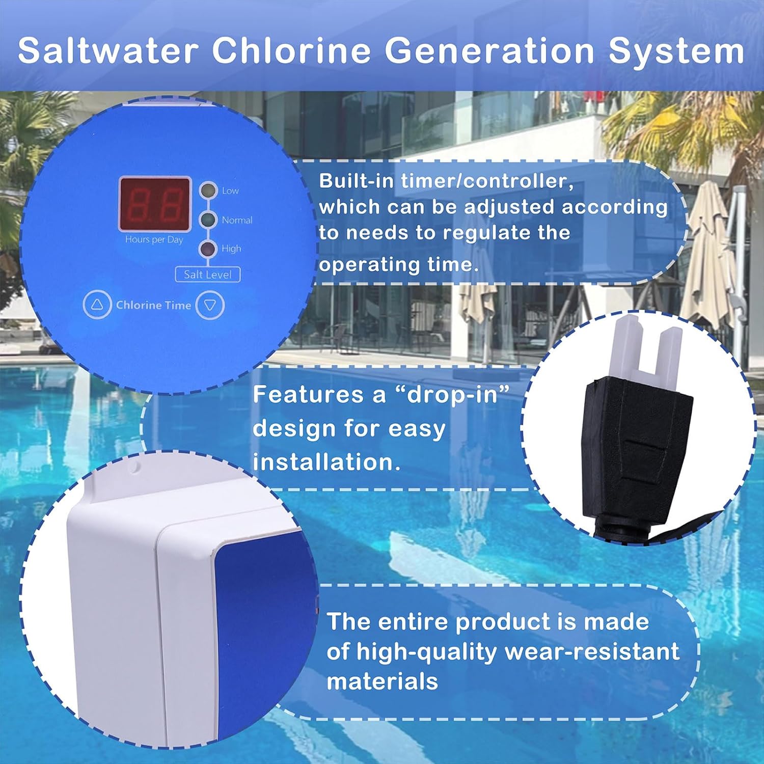 Saltwater Chlorine Generation System,Drop-in Salt System Conversion kit Compatible with Hot Tubs and Swim Spas,Up to 2000 Gallons - 3