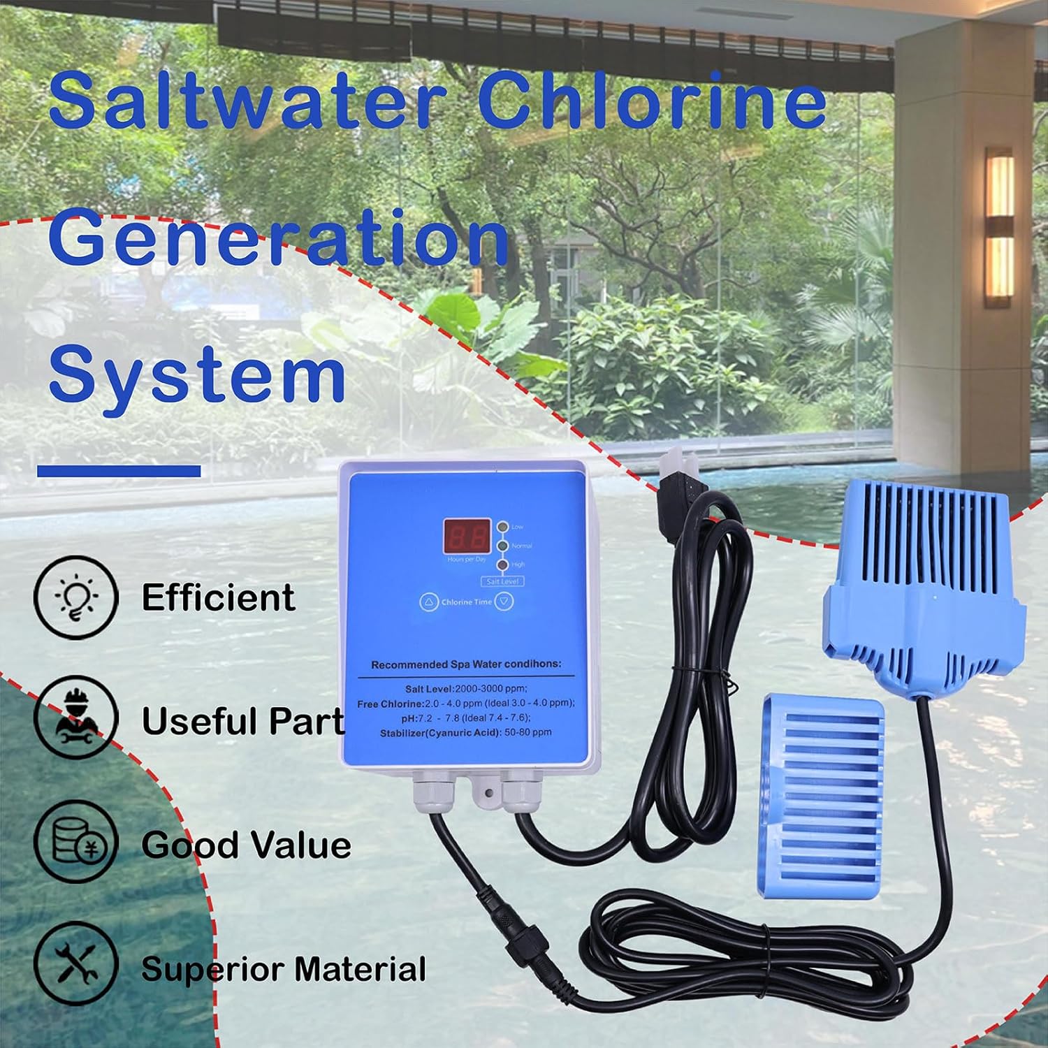 Saltwater Chlorine Generation System,Drop-in Salt System Conversion kit Compatible with Hot Tubs and Swim Spas,Up to 2000 Gallons - 4