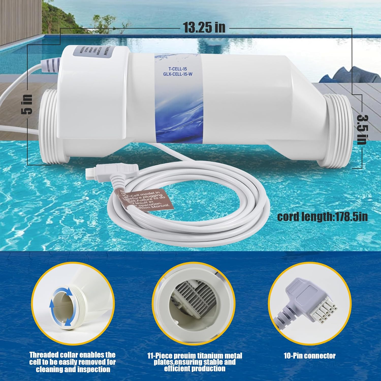 T-15 Salt Water Pool Chlorinator System W3T-Cell-15 TurboCell Salt Chlorination Cell Replacement for In-Ground Swimming Pools up to 40,000 Gallons Compatible - 2