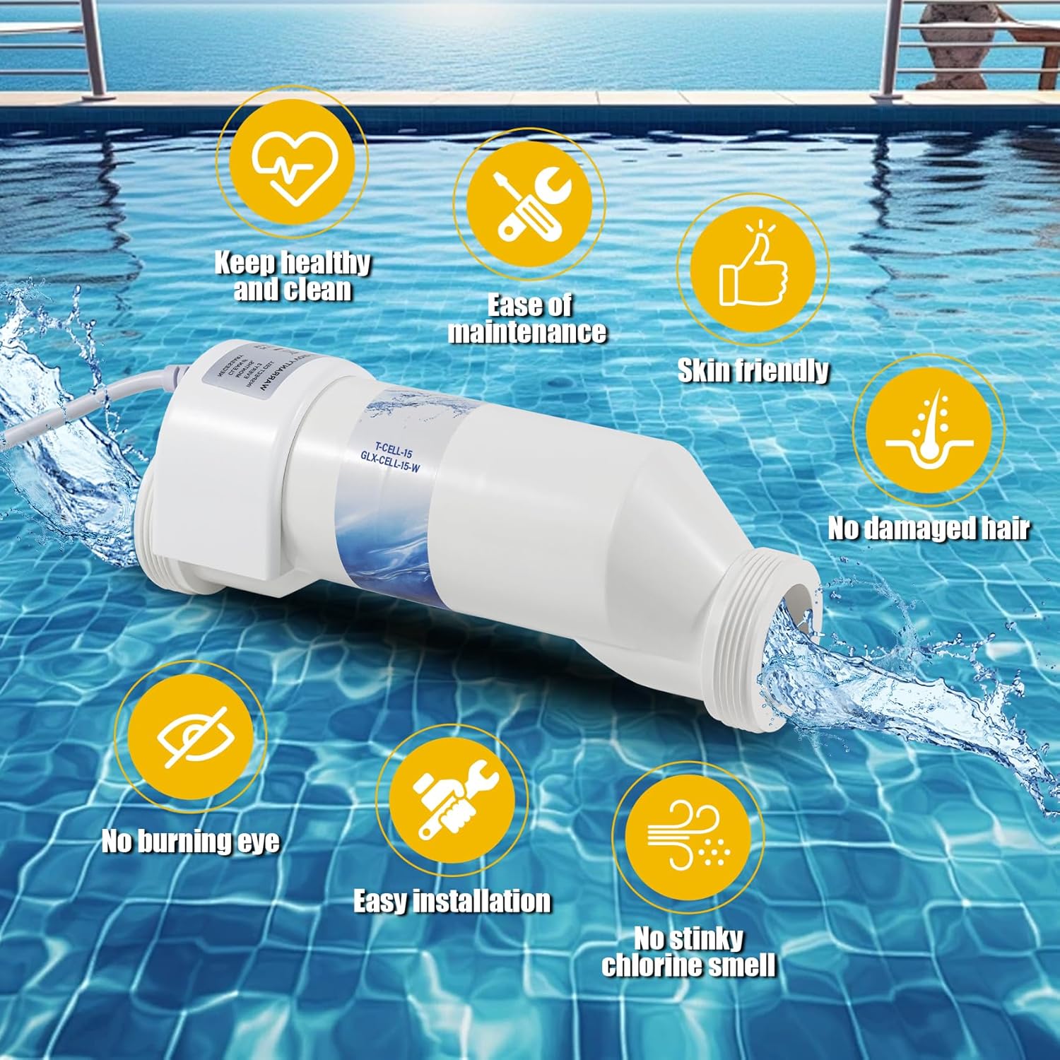 T-15 Salt Water Pool Chlorinator System W3T-Cell-15 TurboCell Salt Chlorination Cell Replacement for In-Ground Swimming Pools up to 40,000 Gallons Compatible - 7