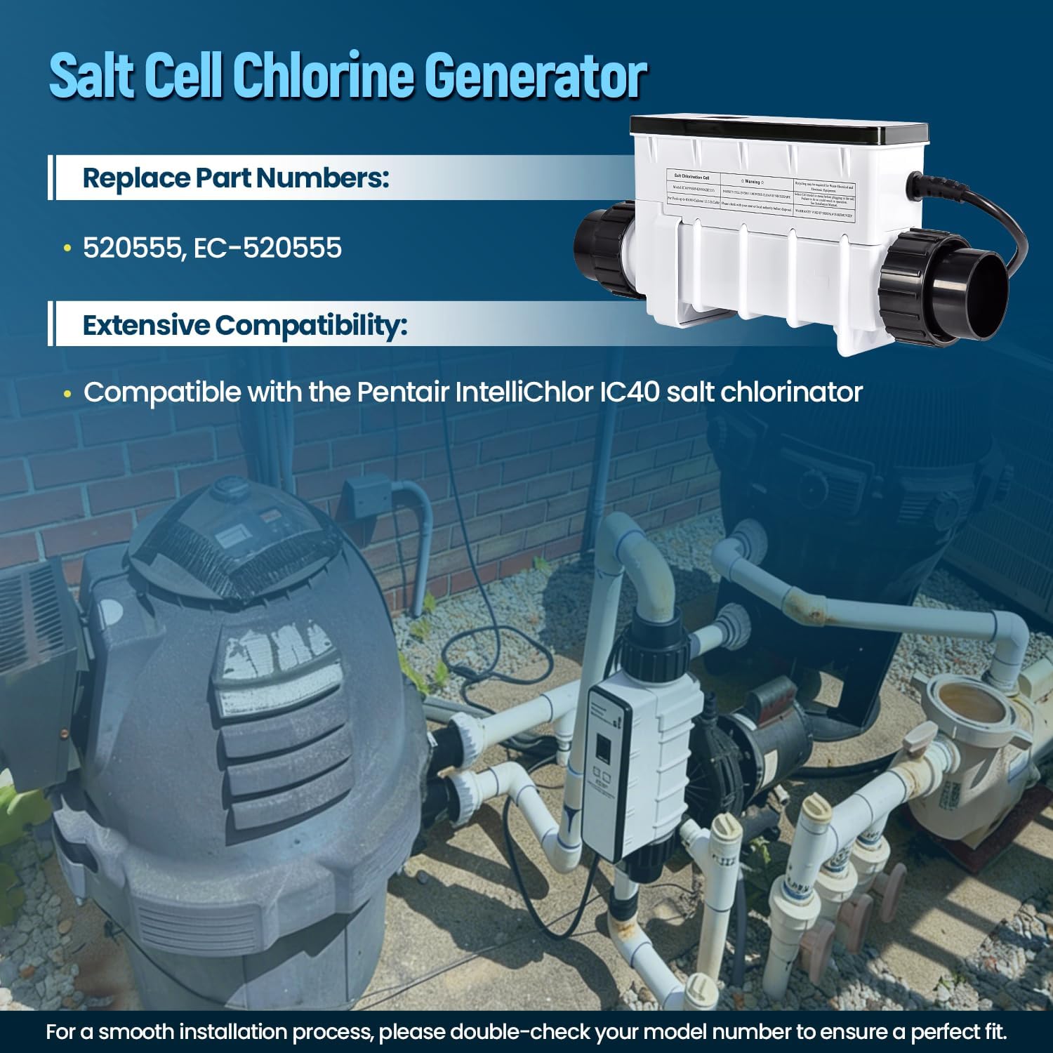 EC-520555 Salt Cell Chlorine Generator, Compatible with Pentair Intellichlor IC40 Salt Chlorinator for Pools up to 40,000 Gal, Replaces 520555, Includes Cable & PVC Unions - 2