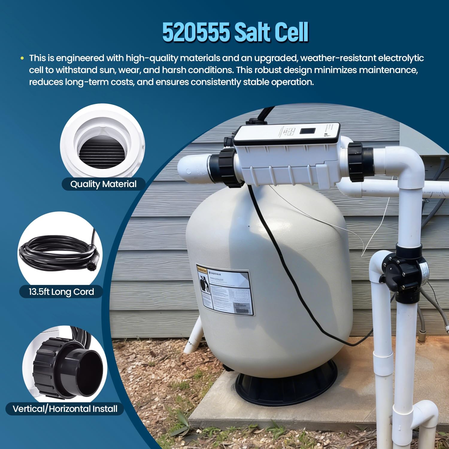 EC-520555 Salt Cell Chlorine Generator, Compatible with Pentair Intellichlor IC40 Salt Chlorinator for Pools up to 40,000 Gal, Replaces 520555, Includes Cable & PVC Unions - 4
