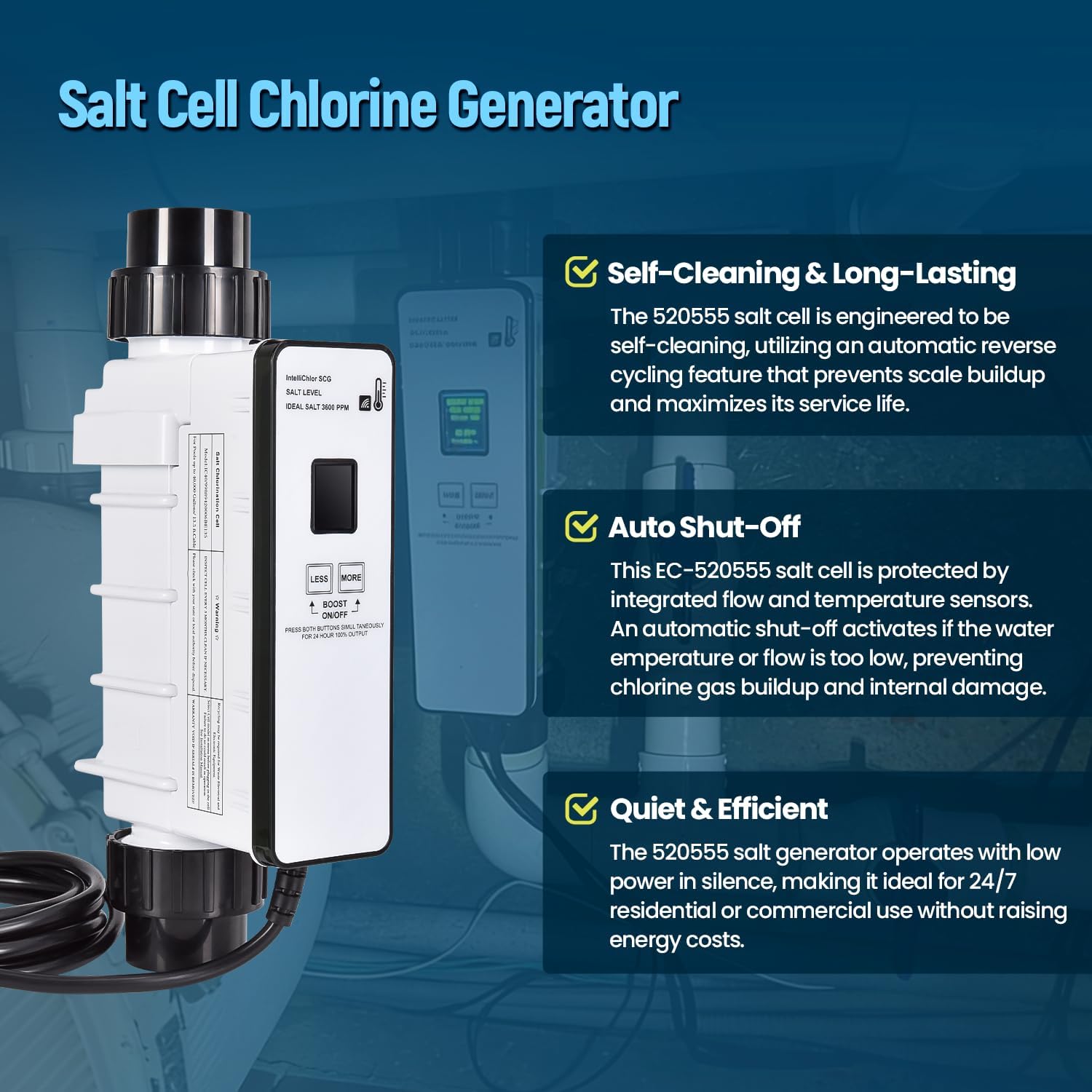 EC-520555 Salt Cell Chlorine Generator, Compatible with Pentair Intellichlor IC40 Salt Chlorinator for Pools up to 40,000 Gal, Replaces 520555, Includes Cable & PVC Unions - 7