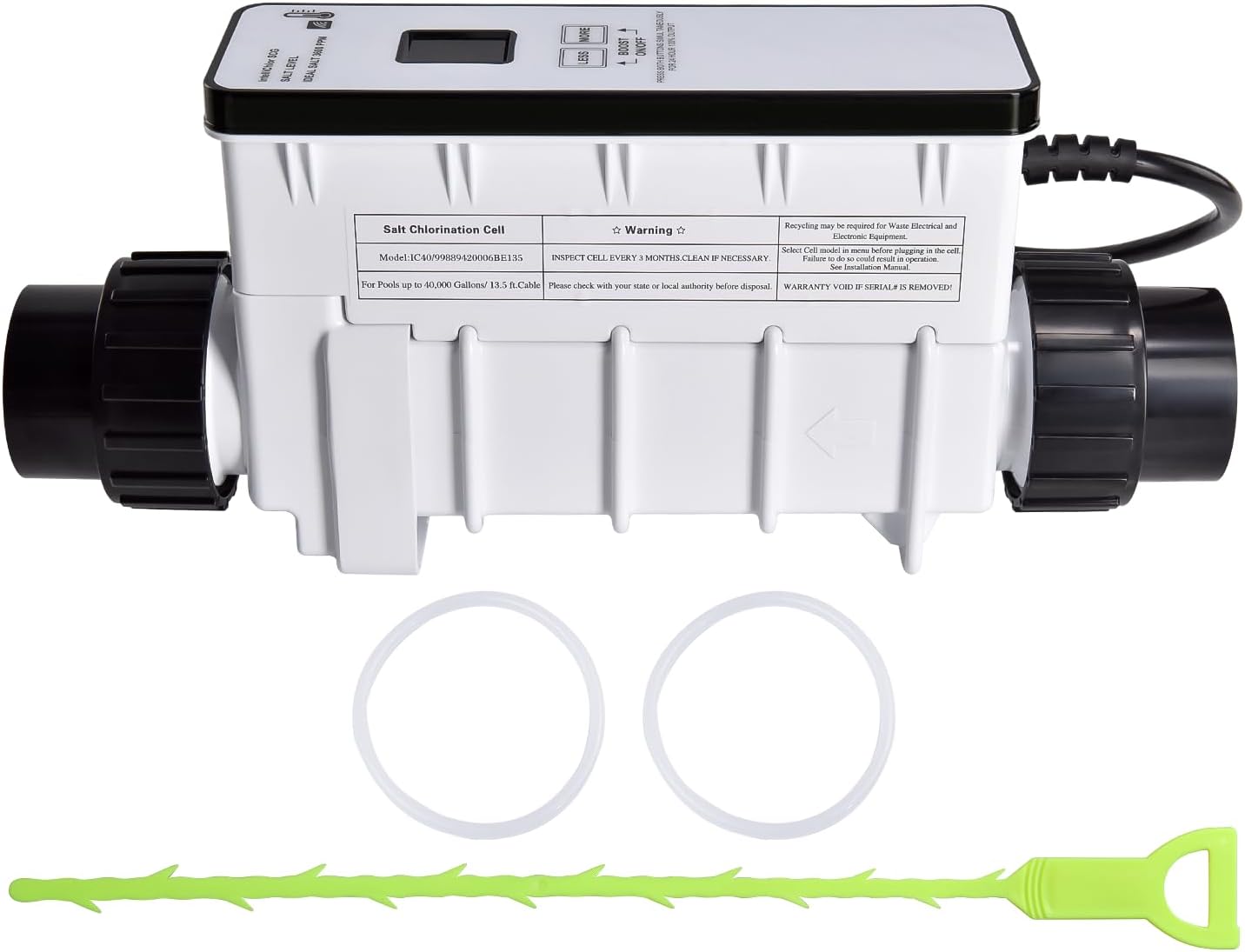 EC-520555 Salt Cell Chlorine Generator, Compatible with Pentair Intellichlor IC40 Salt Chlorinator for Pools up to 40,000 Gal, Replaces 520555, Includes Cable & PVC Unions - 9