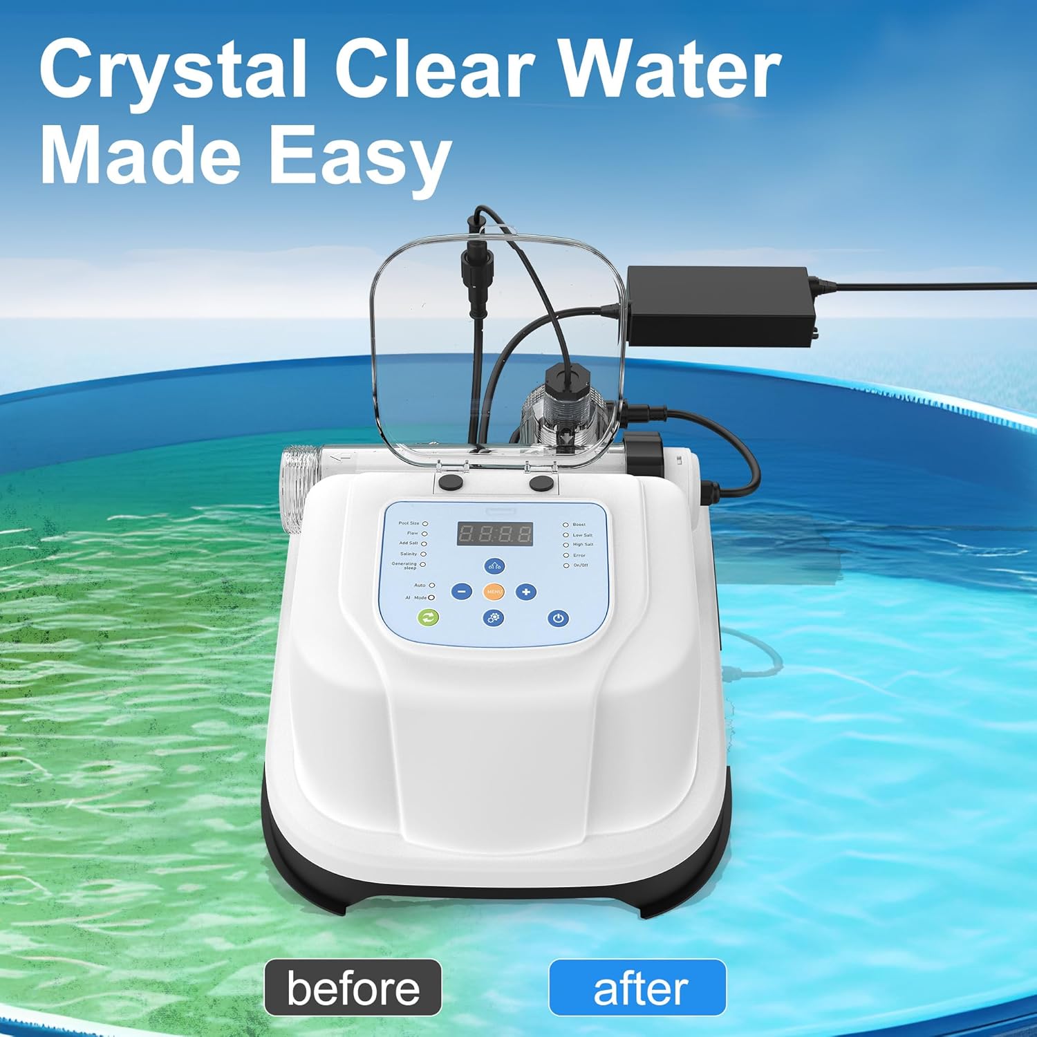 Saltwater Chlorinator for Above Ground Pools, Salt Water Pool System for up to 15000 Gallons, Self-Cleaning Salt Chlorine Generator, with Auto-AI Modes, Adapters and Test Strip Included - 2