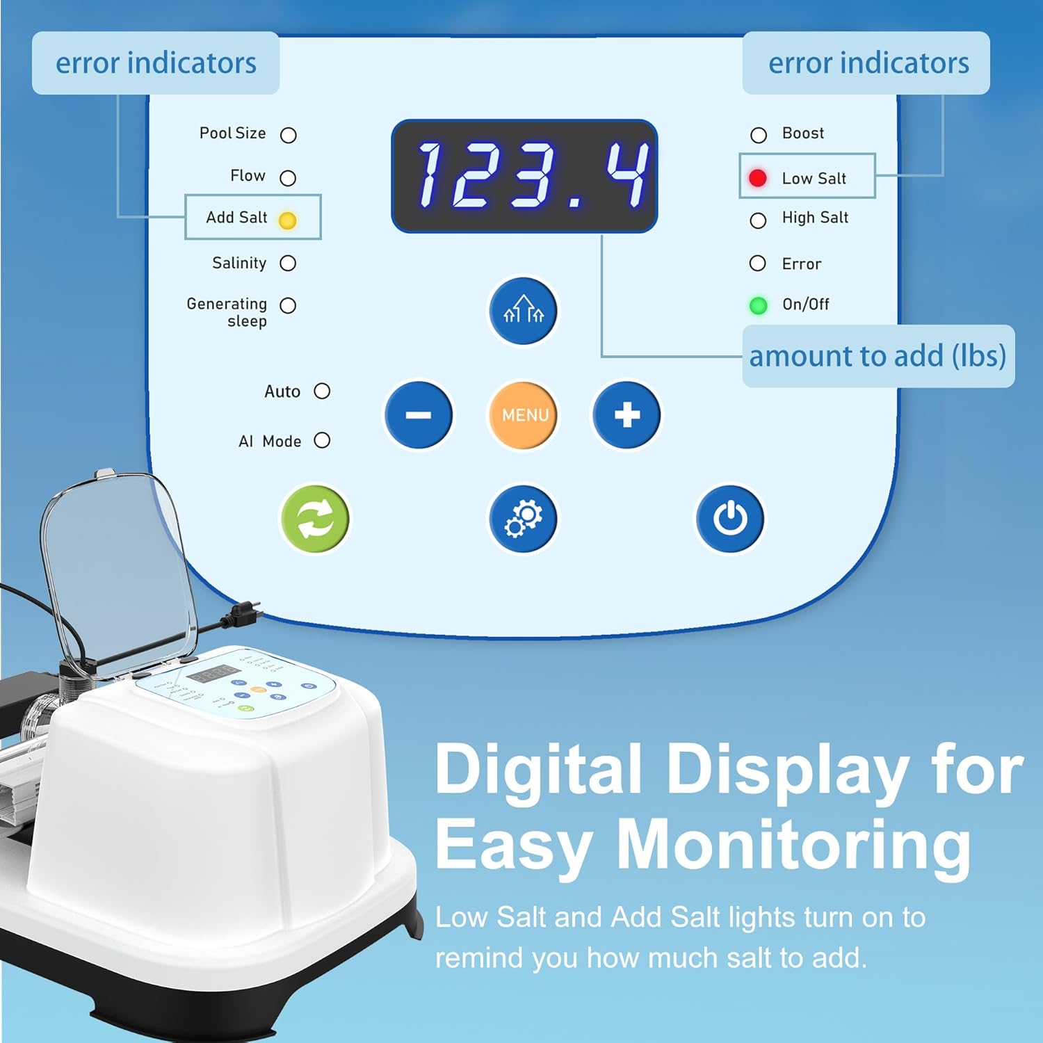 Saltwater Chlorinator for Above Ground Pools, Salt Water Pool System for up to 15000 Gallons, Self-Cleaning Salt Chlorine Generator, with Auto-AI Modes, Adapters and Test Strip Included - 3