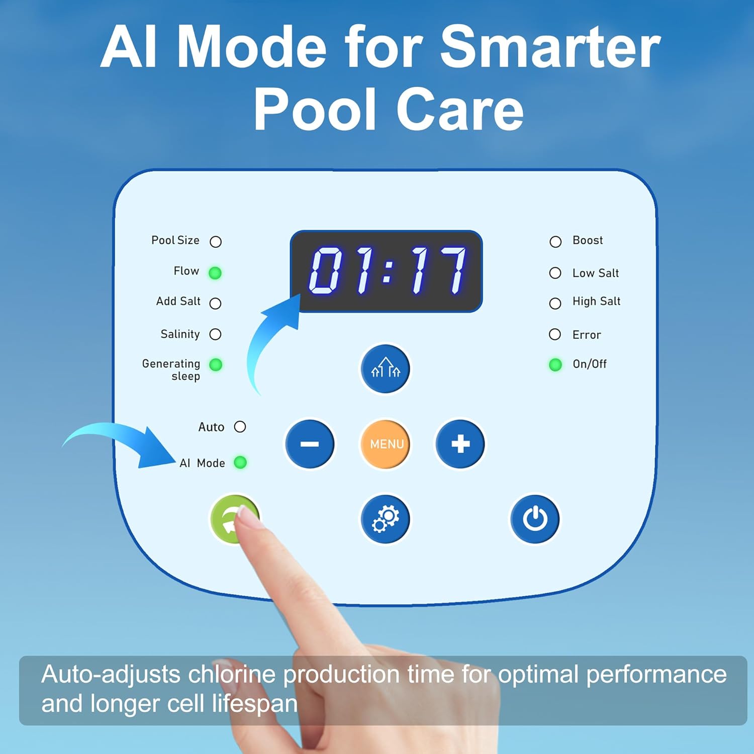 Saltwater Chlorinator for Above Ground Pools, Salt Water Pool System for up to 15000 Gallons, Self-Cleaning Salt Chlorine Generator, with Auto-AI Modes, Adapters and Test Strip Included - 4