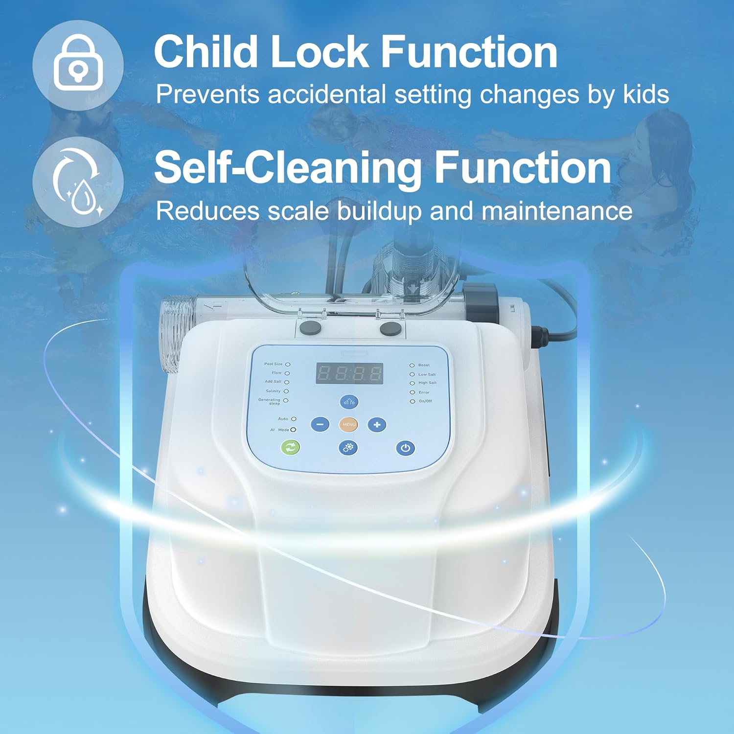 Saltwater Chlorinator for Above Ground Pools, Salt Water Pool System for up to 15000 Gallons, Self-Cleaning Salt Chlorine Generator, with Auto-AI Modes, Adapters and Test Strip Included - 5