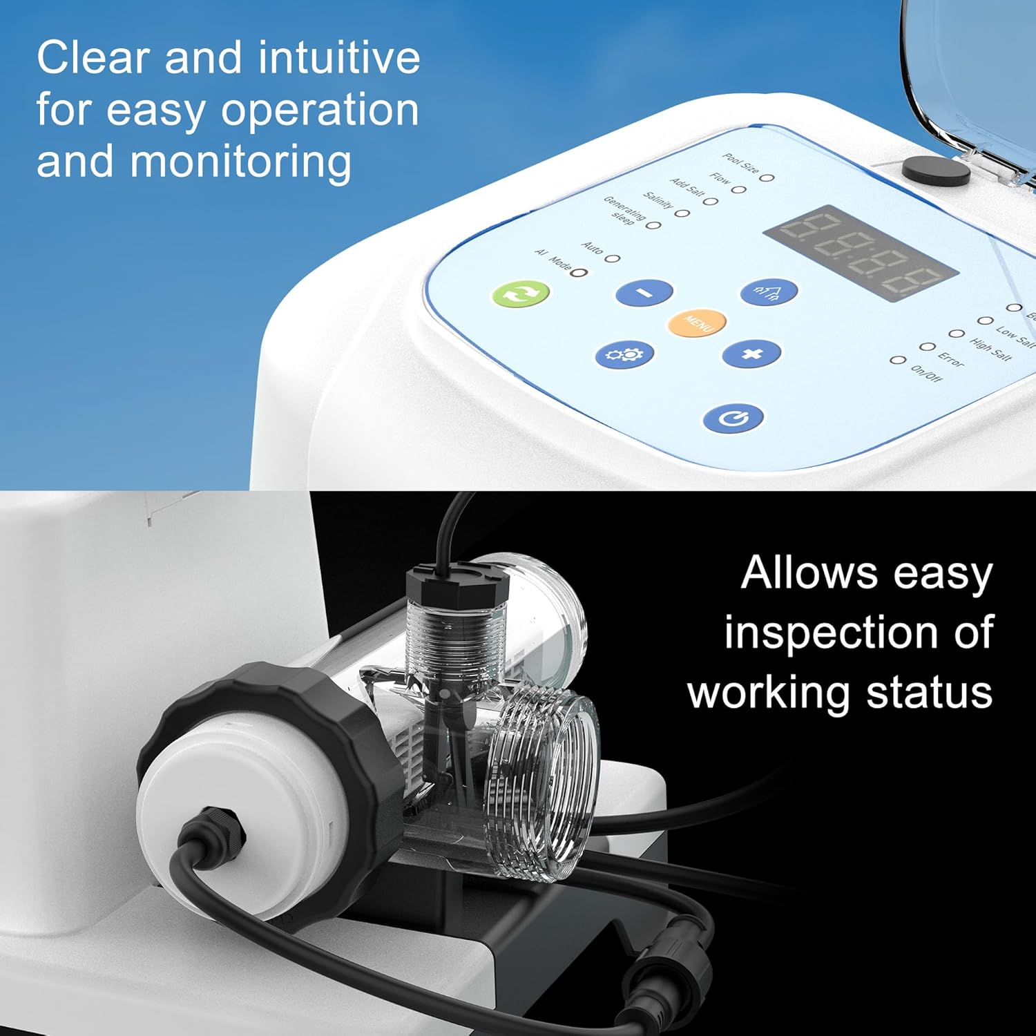 Saltwater Chlorinator for Above Ground Pools, Salt Water Pool System for up to 15000 Gallons, Self-Cleaning Salt Chlorine Generator, with Auto-AI Modes, Adapters and Test Strip Included - 6