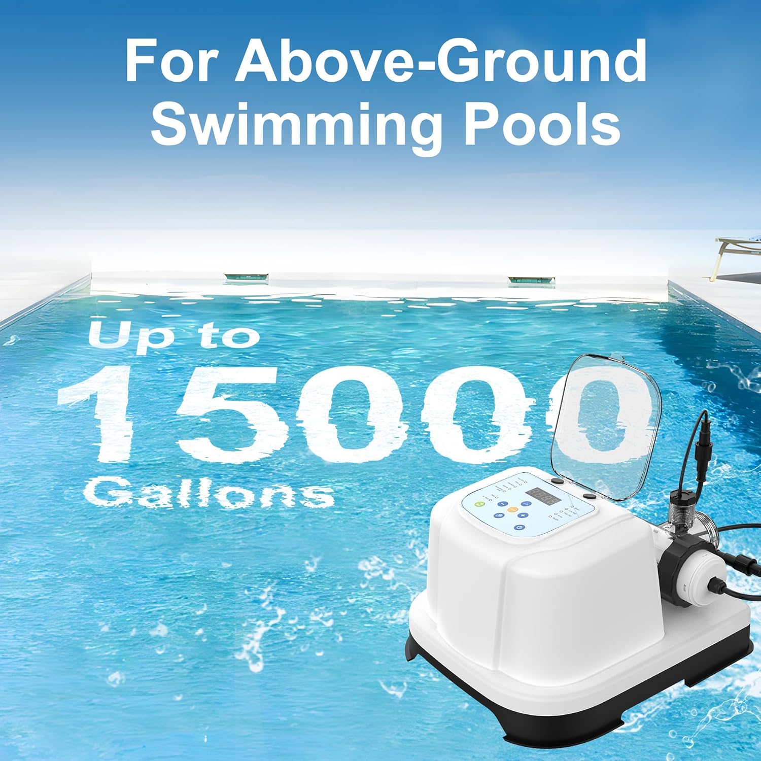 Saltwater Chlorinator for Above Ground Pools, Salt Water Pool System for up to 15000 Gallons, Self-Cleaning Salt Chlorine Generator, with Auto-AI Modes, Adapters and Test Strip Included - 7