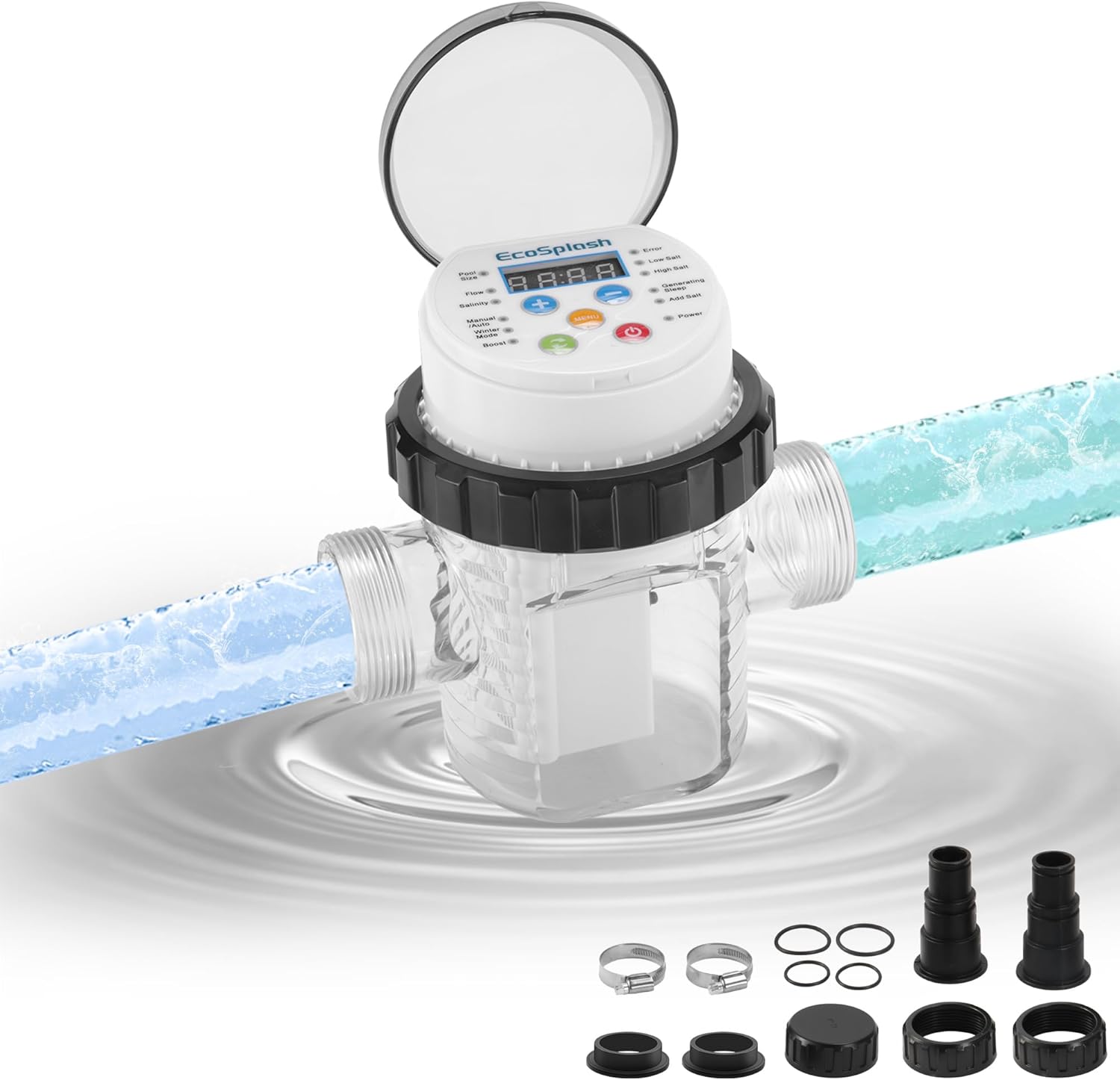 Automatic Saltwater Chlorinator for Above-Ground Pools – High-Efficiency Pool Salt Water Chlorination System up to 20,000 Gallons with Self-Cleaning Cell, Adapter and Test Strip - 1