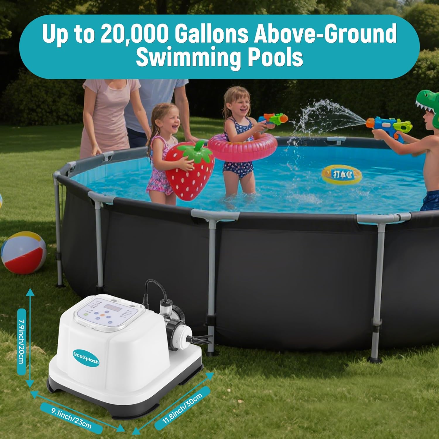 Automatic Saltwater Chlorinator for Above-Ground Pools – High-Efficiency Pool Salt Water Chlorination System up to 20,000 Gallons with Self-Cleaning Cell, Adapter and Test Strip - 2