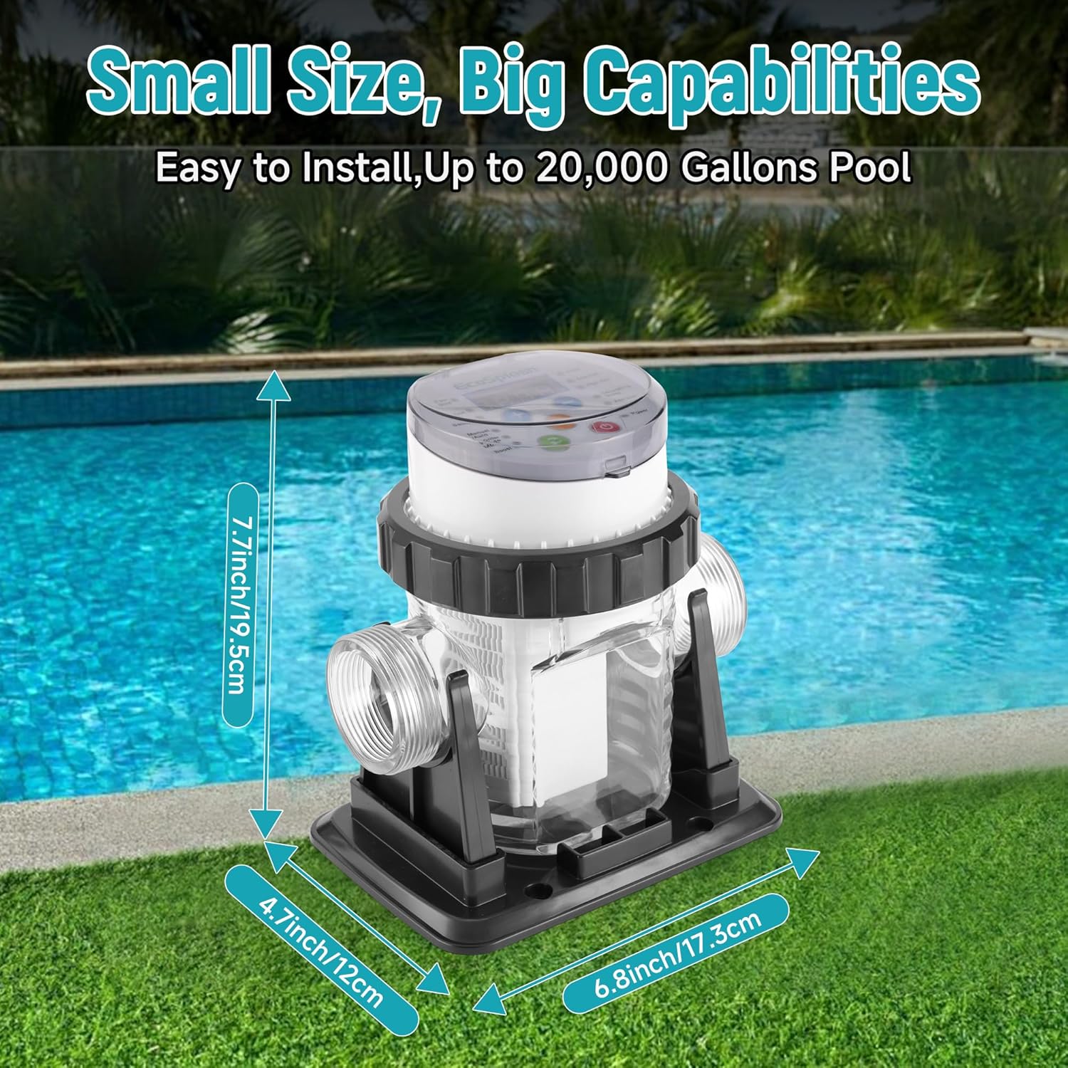 Automatic Saltwater Chlorinator for Above-Ground Pools – High-Efficiency Pool Salt Water Chlorination System up to 20,000 Gallons with Self-Cleaning Cell, Adapter and Test Strip - 2