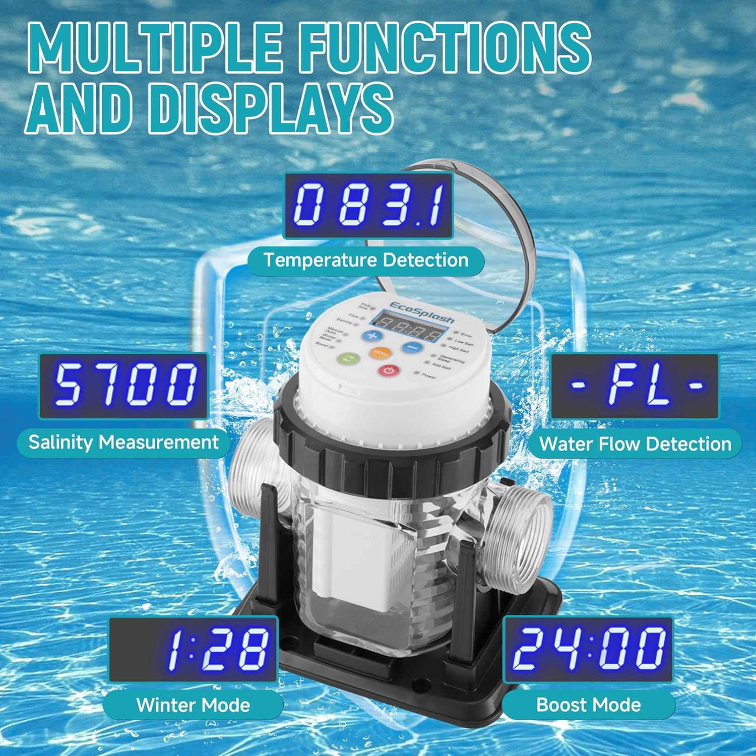 Automatic Saltwater Chlorinator for Above-Ground Pools – High-Efficiency Pool Salt Water Chlorination System up to 20,000 Gallons with Self-Cleaning Cell, Adapter and Test Strip - 4