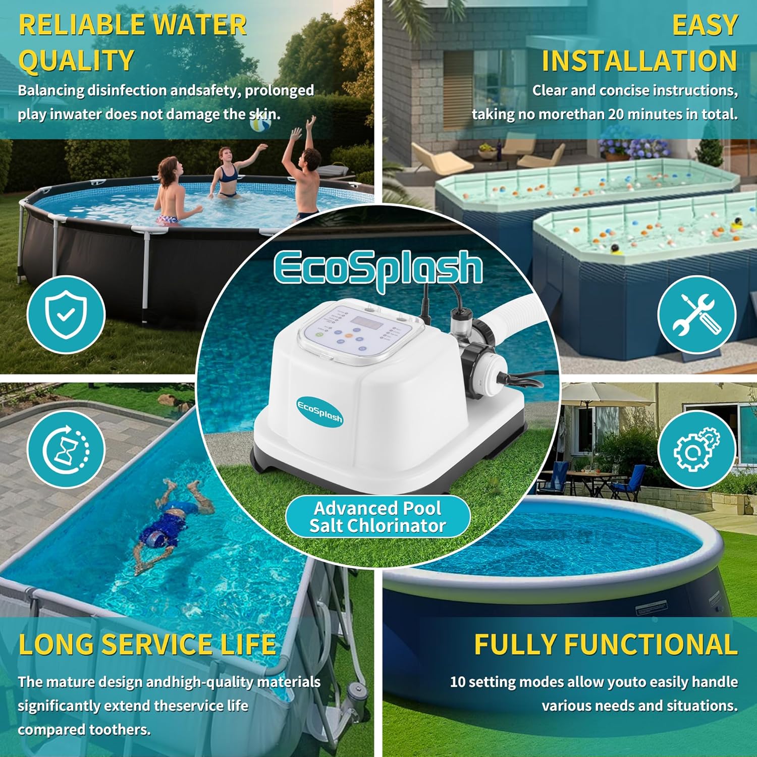 Automatic Saltwater Chlorinator for Above-Ground Pools – High-Efficiency Pool Salt Water Chlorination System up to 20,000 Gallons with Self-Cleaning Cell, Adapter and Test Strip - 5