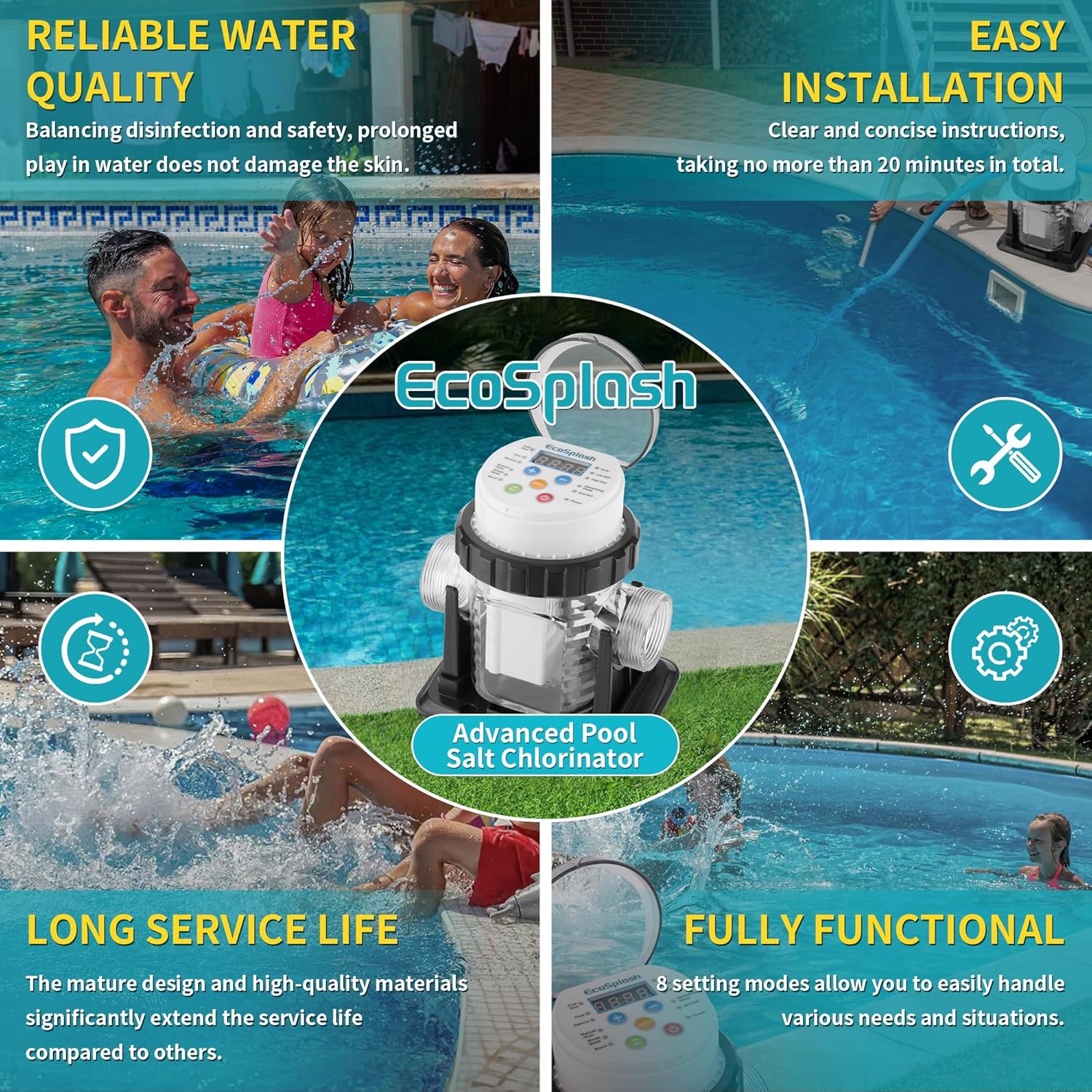 Automatic Saltwater Chlorinator for Above-Ground Pools – High-Efficiency Pool Salt Water Chlorination System up to 20,000 Gallons with Self-Cleaning Cell, Adapter and Test Strip - 5