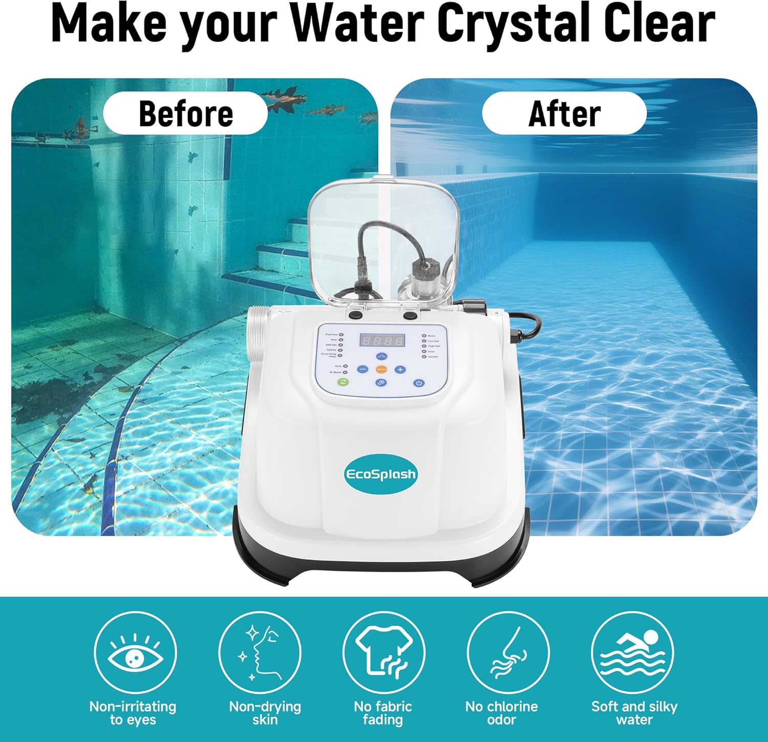 Automatic Saltwater Chlorinator for Above-Ground Pools – High-Efficiency Pool Salt Water Chlorination System up to 20,000 Gallons with Self-Cleaning Cell, Adapter and Test Strip - 7