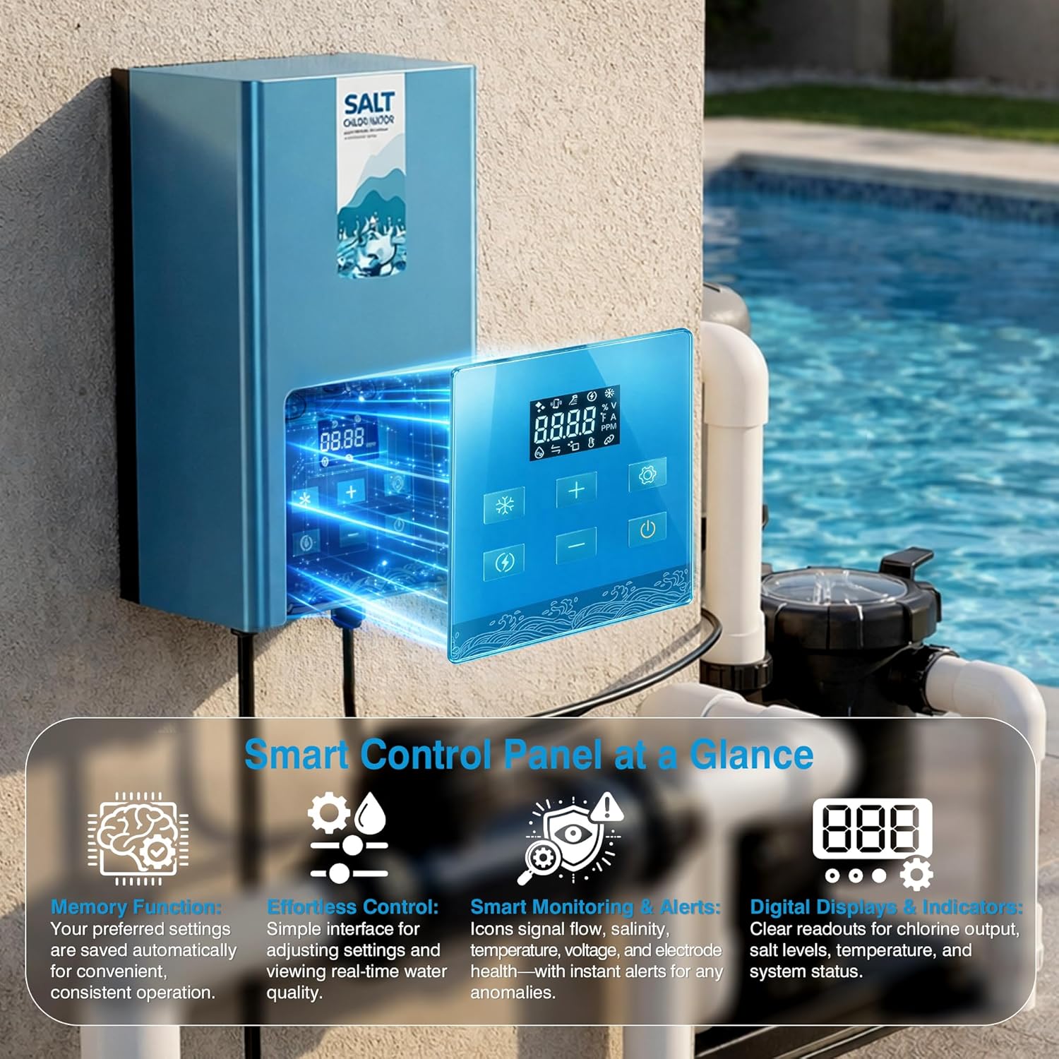 Salt Water Pool Chlorinator System – Smart Saltwater Chlorine Generator with Titanium Cell, FCC & ETL Certified, Wi-Fi & App Control, Digital Panel, Self-Cleaning, for Pools up to 40,000 Gallons - Image 6