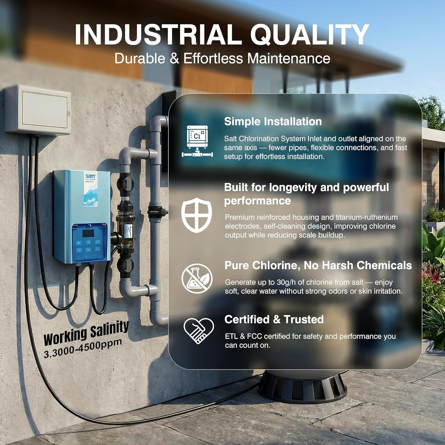 Salt Water Pool Chlorinator System – Smart Saltwater Chlorine Generator with Titanium Cell, FCC & ETL Certified, Wi-Fi & App Control, Digital Panel, Self-Cleaning, for Pools - 7