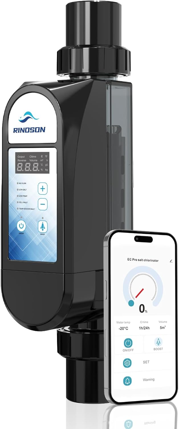 Smart Saltwater System with Two Year Warranty-App Remote Control & Titanium Plate Self-Cleaning WiFi Salt Chlorine Generator for Pools up to 13,000 Gallons, Black and White - 1