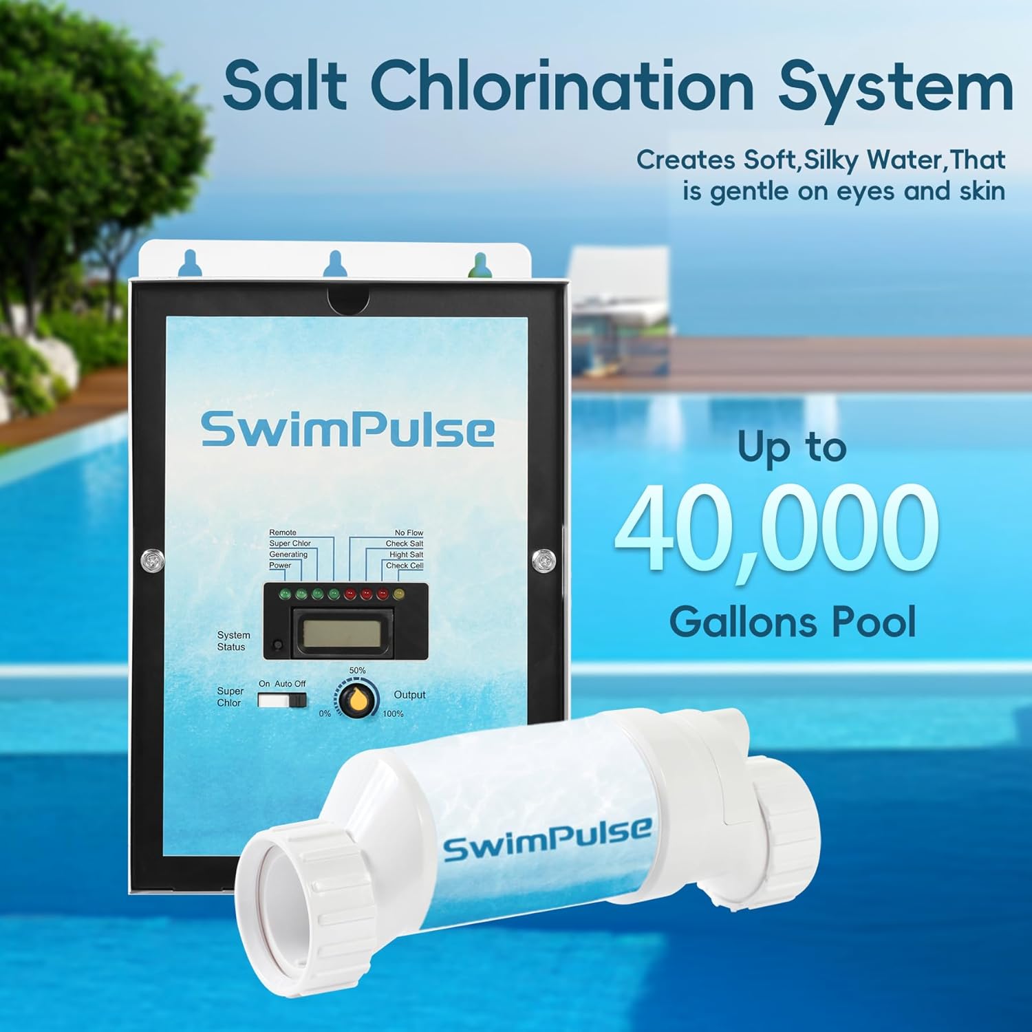Salt Chlorine Generator System for Inground Pools up to 40,000 Gallons, Universal Compatible Pool Saltwater Chlorination System with Return Jet Fittings, Straight Blade Power Cord & Outlet - Image 6