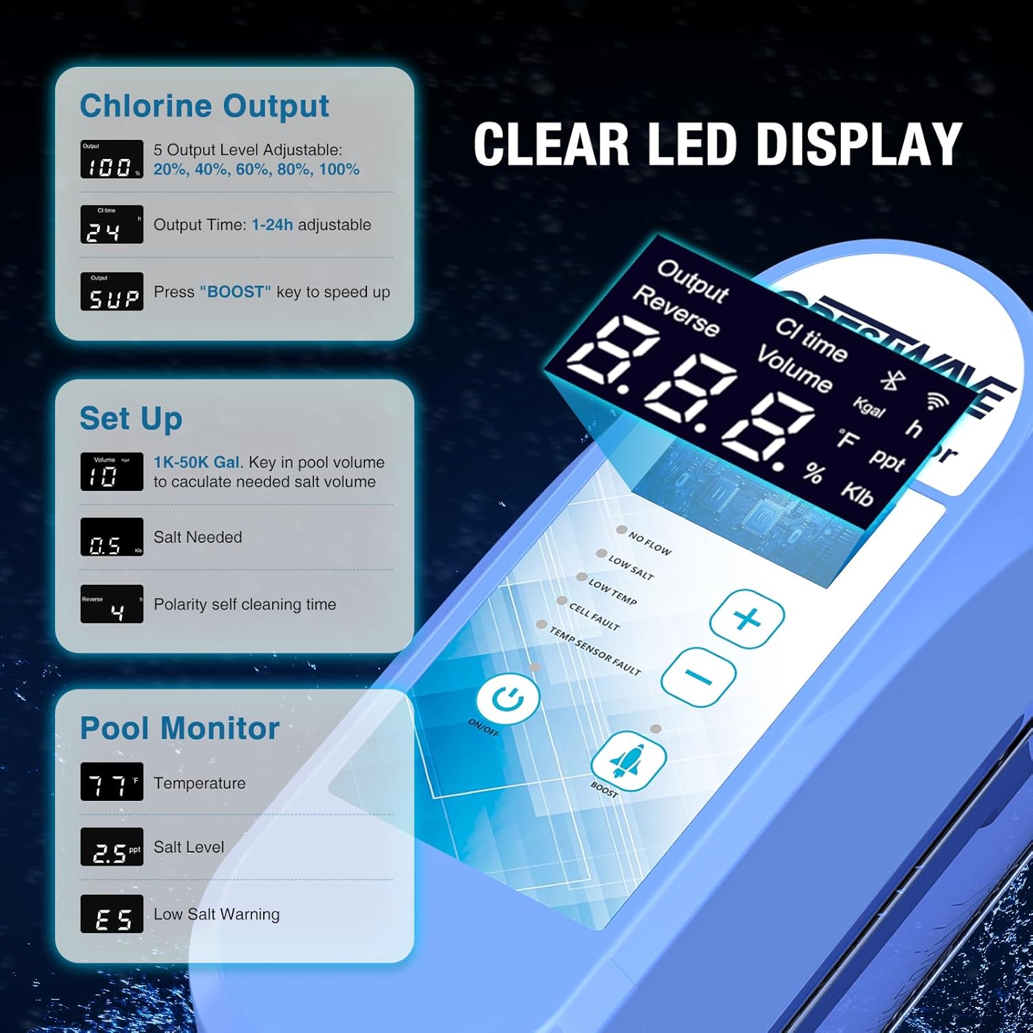 Salt Chlorine Generator for Above Ground Pools up to 13,000 Gallons, IP65 Saltwater Chlorinator System with App Control, Self-Cleaning Titanium Cell, Salt Water Pool Conversion Kit, 1.5" Adapter - Image 4