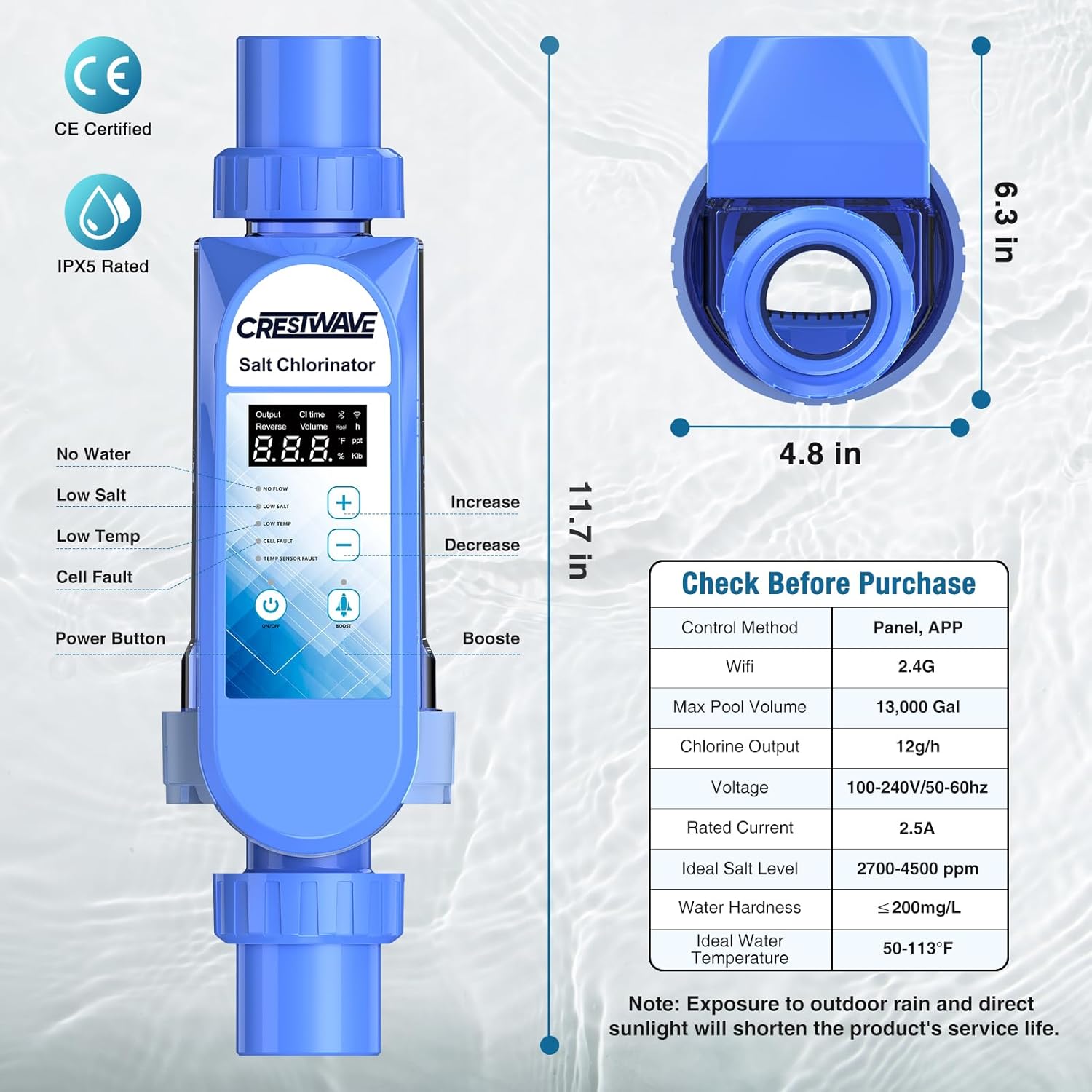 Salt Chlorine Generator for Above Ground Pools up to 13,000 Gallons, IP65 Saltwater Chlorinator System with App Control, Self-Cleaning Titanium Cell, Salt Water Pool Conversion Kit, 1.5" Adapter - Image 2