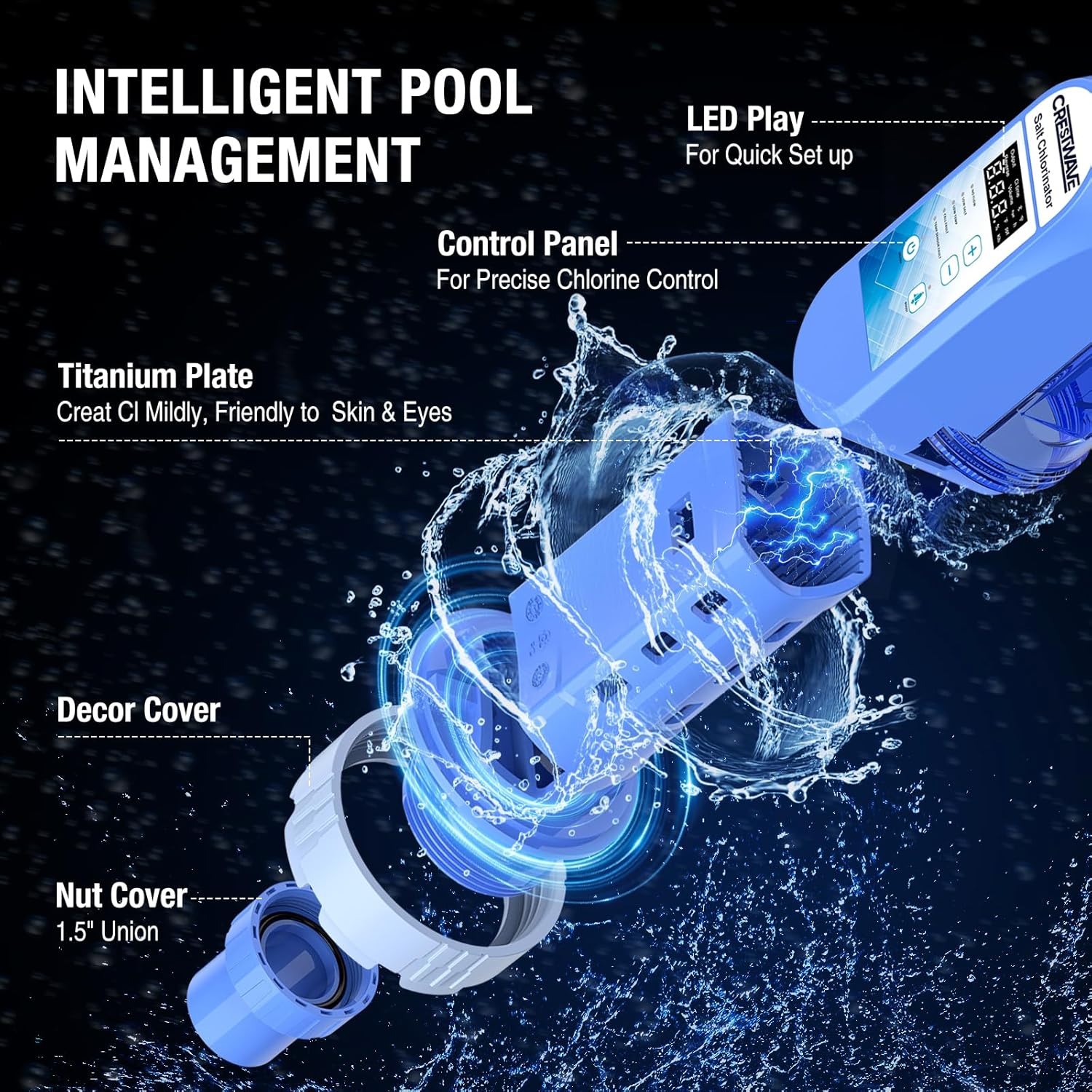 Salt Chlorine Generator for Above Ground Pools up to 22,000 Gallons, IP65 Saltwater Chlorinator System with App Control, Self-Cleaning Titanium Cell, Salt Water Pool Conversion Kit, 1.5" Adapter - Image 6