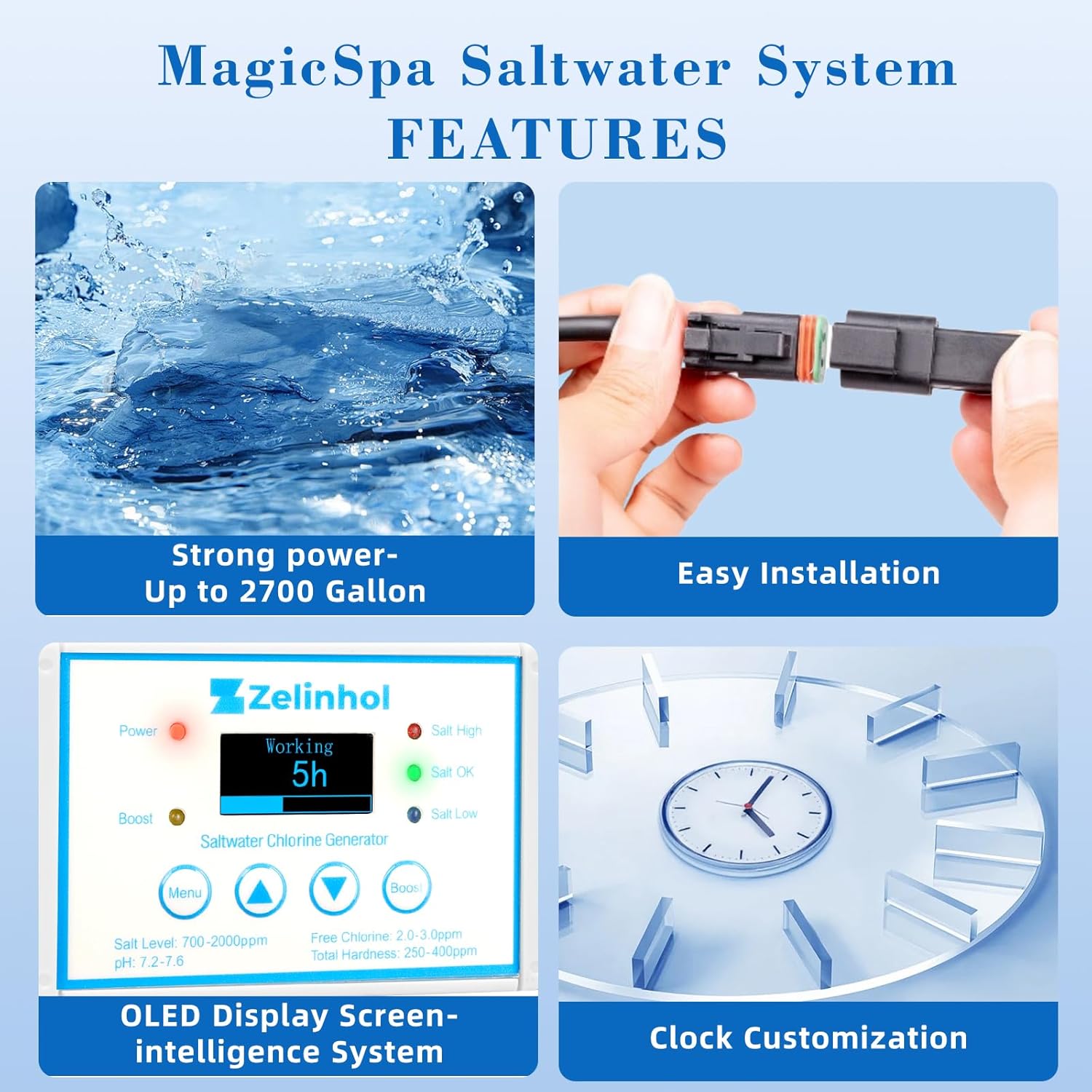 Salt Chlorine Generator for Hot Tubs & Swim Spas, Zelinhol Chlorine Generator with Titanium Salt Cell, Up to 2300 Gallons, Chemical-Free - Image 7