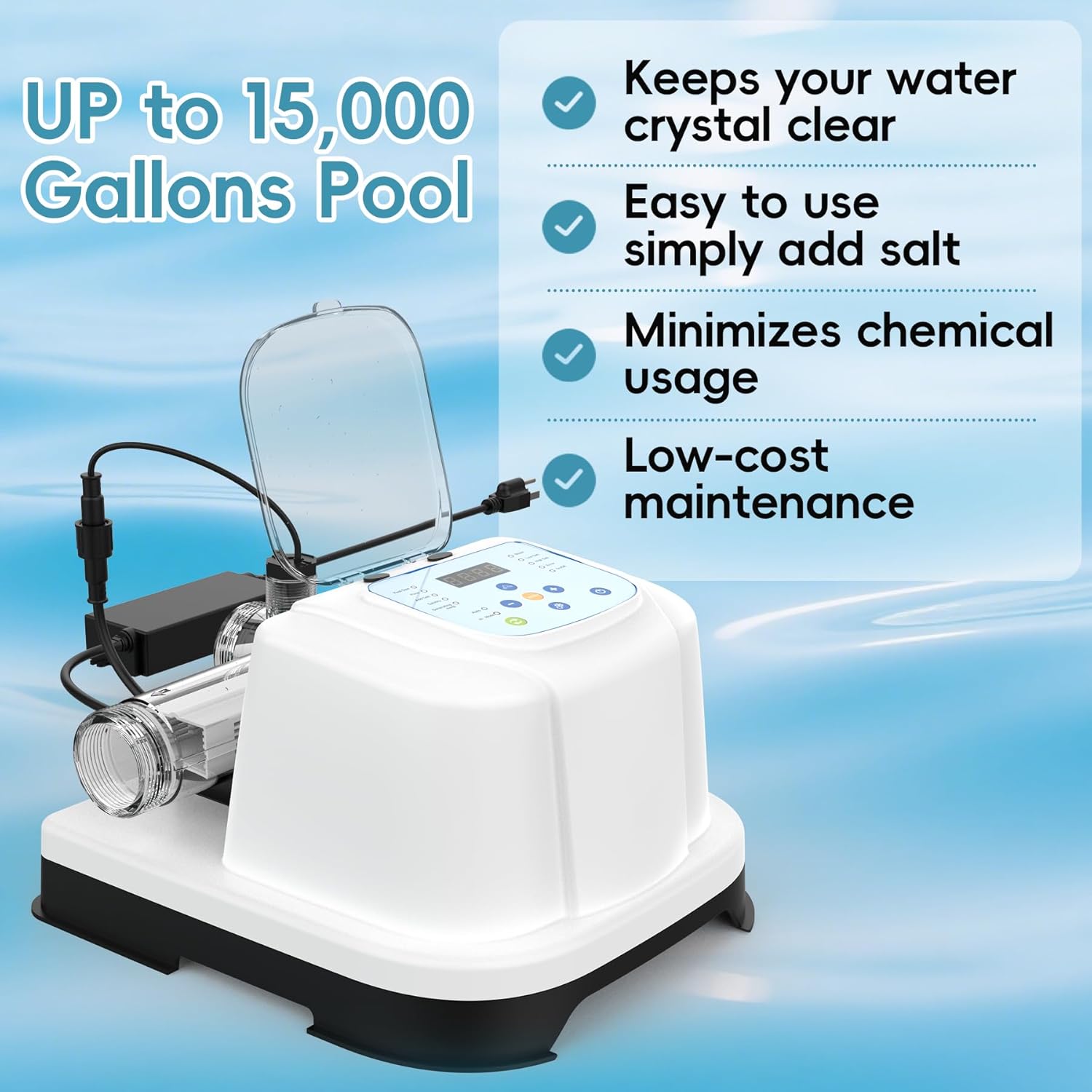 Saltwater Chlorinator System for Above Ground Pools up to 15,000 Gallons,Test Strip Included,Self-Cleaning Saltwater Pool Chlorinator Generator - Image 8