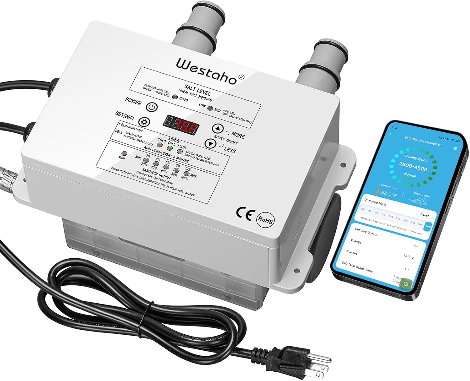 WiFi Salt Chlorine Generator, Westaho Salt Water Pool Chlorinator System with APP Remote Control, USA Titanium Salt Cell, Compatible with Intex Pool, for Above Ground Pools - 1
