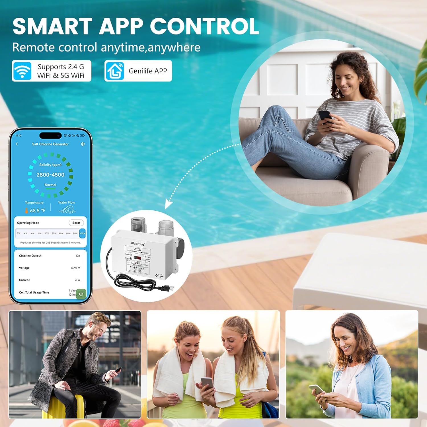 WiFi Salt Chlorine Generator, Westaho Salt Water Pool Chlorinator System with APP Remote Control, USA Titanium Salt Cell, Compatible with Intex Pool, for Above Ground Pools Up to 15,000 Gallons - Image 7