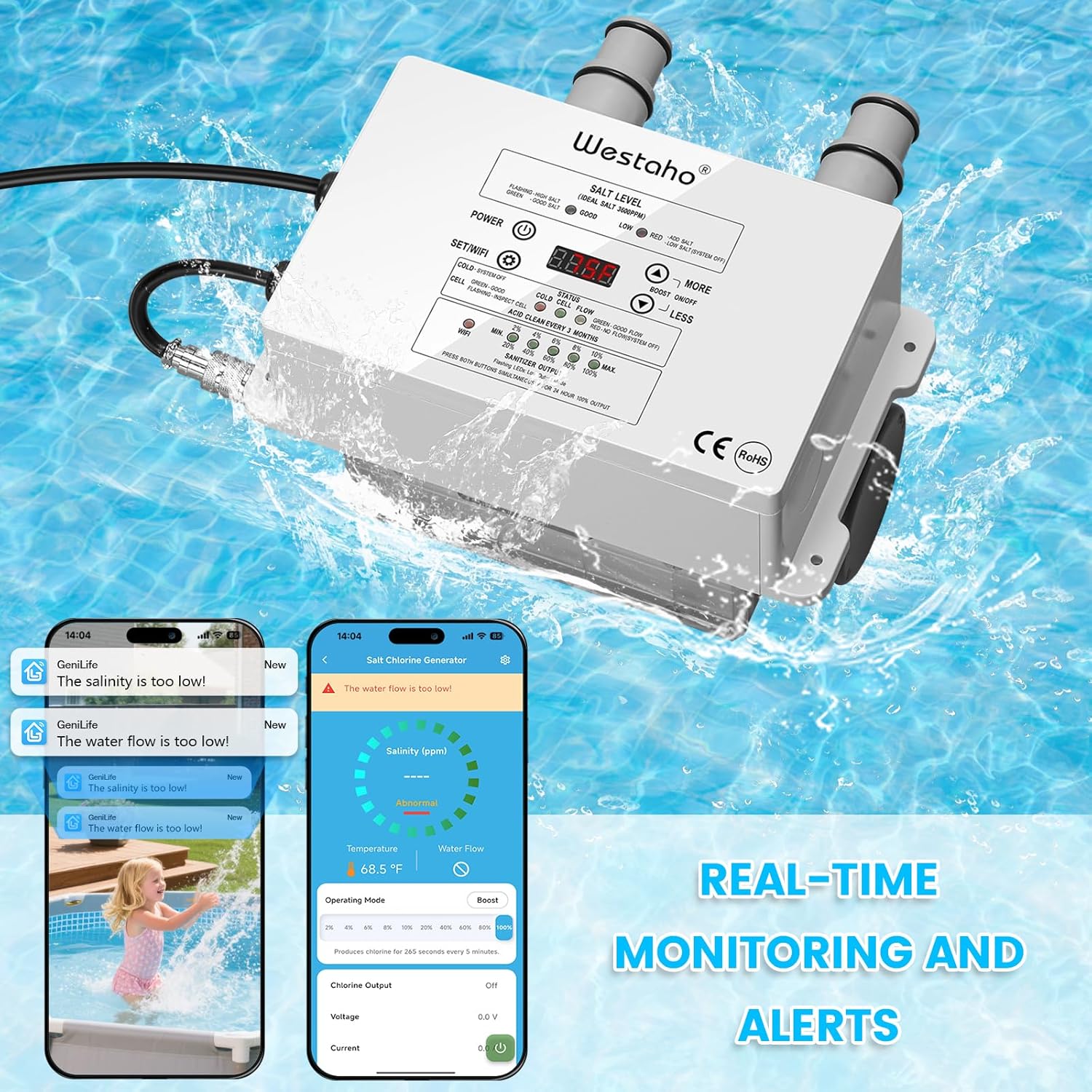 WiFi Salt Chlorine Generator, Westaho Salt Water Pool Chlorinator System with APP Remote Control, USA Titanium Salt Cell, Compatible with Intex Pool, for Above Ground Pools Up to 15,000 Gallons - Image 6