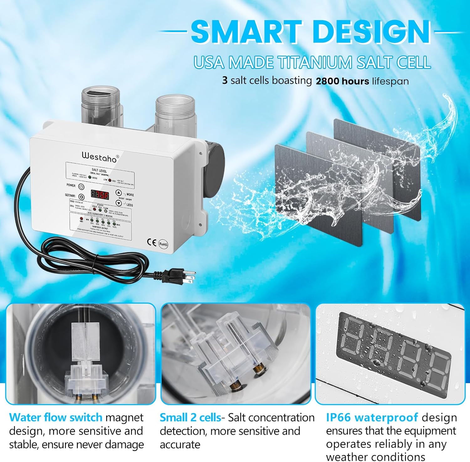 WiFi Salt Chlorine Generator, Westaho Salt Water Pool Chlorinator System with APP Remote Control, USA Titanium Salt Cell, Compatible with Intex Pool, for Above Ground Pools Up to 15,000 Gallons - Image 5