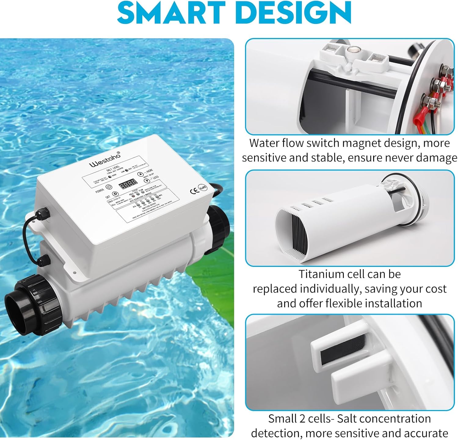 Salt Chlorine Generator, Westaho Pool Salt System for Inground Pools Up to 40,000 Gallons, 1.4 lb Chlorine Output, USA Titanium Cell with 10,000-Hour Lifespan, Built-in Power Supply - Image 6