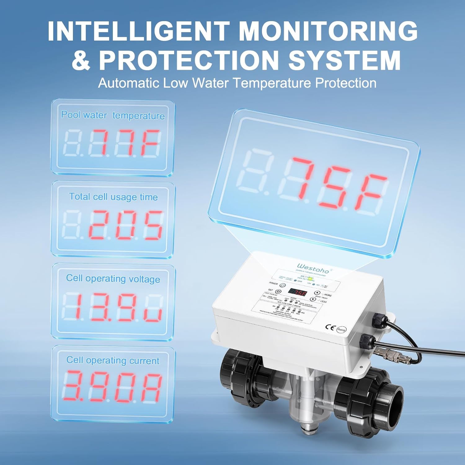 Saltwater Pool System, Westaho Salt Chlorine Generator with USA Titanium Cell & Waterproof Control Panel, for Inground Pools up to 15,000 Gallons - Image 7