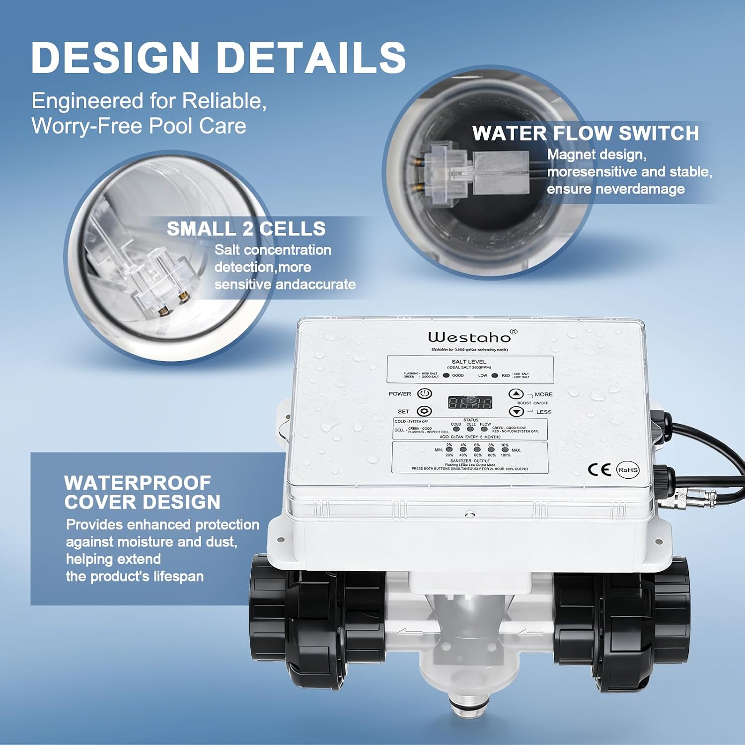 Saltwater Pool System, Westaho Salt Chlorine Generator with USA Titanium Cell & Waterproof Control Panel, for Inground Pools up to 15,000 Gallons - Image 5
